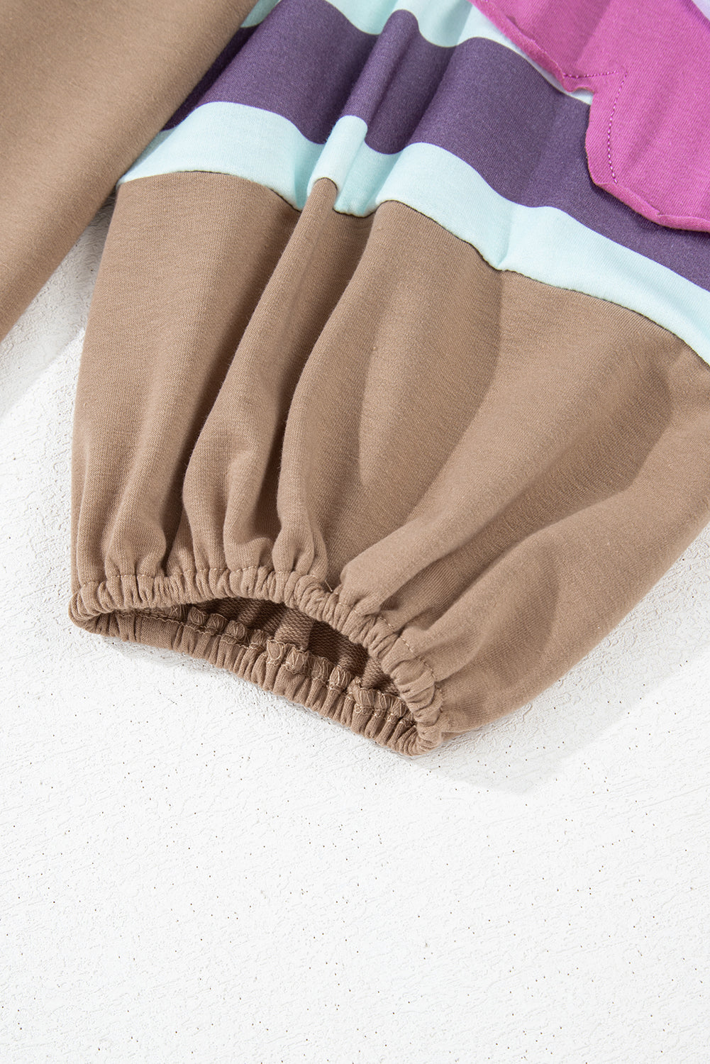 Light French Beige Plus Size Flower Striped Patchwork Puff Sleeve Loose Sweatshirt