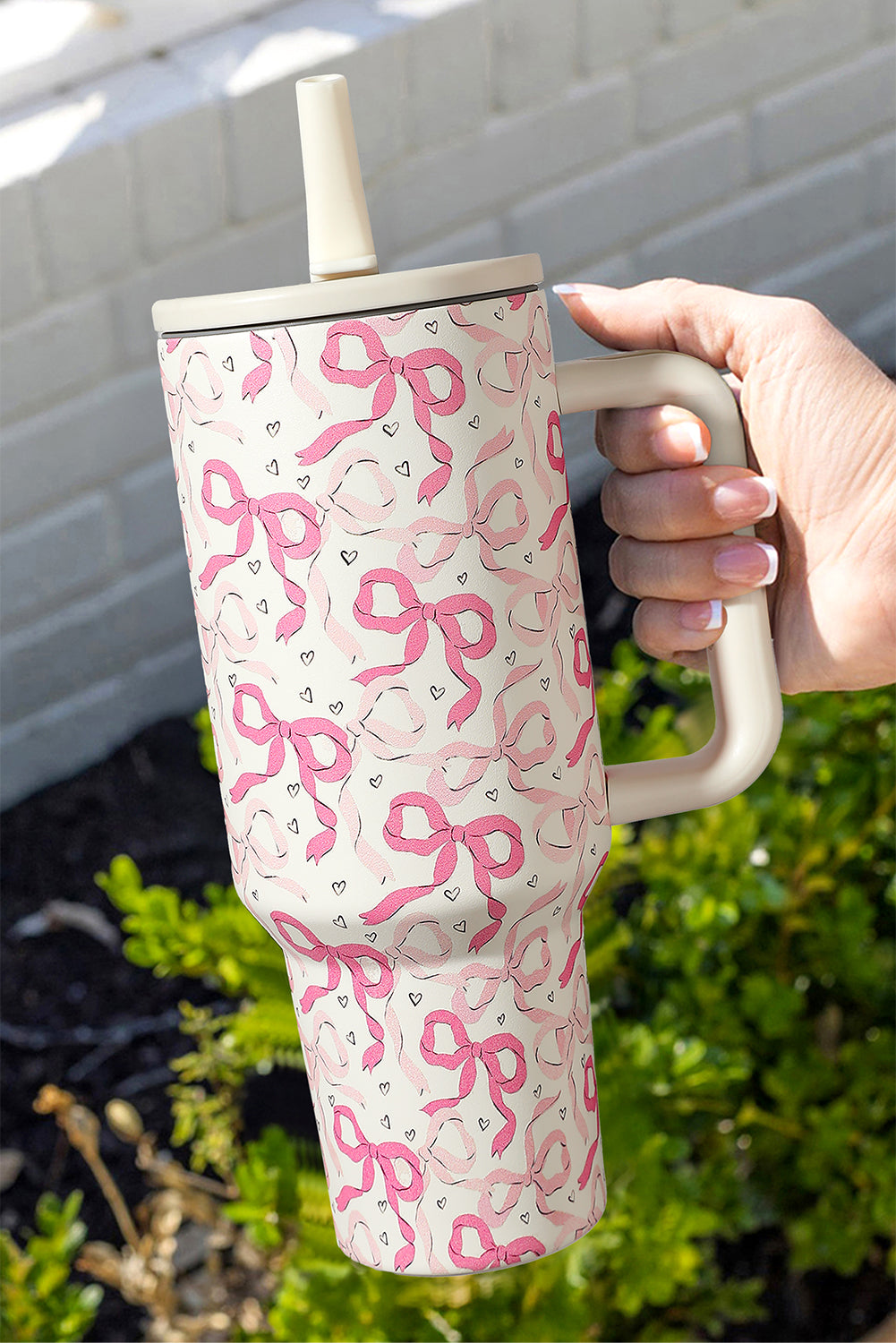 Bright Pink 40oz Cute Bow Print Tiny Heart Flip Straw Handled Vacuum Tumbler