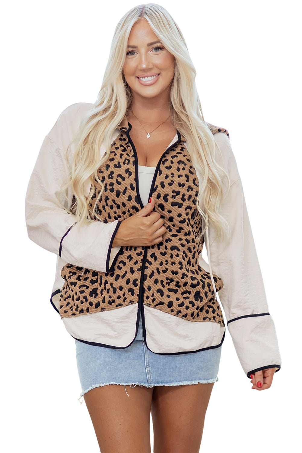 Brown Leopard Star Hooded Patchwork Contrast Piping Open Front Jacket