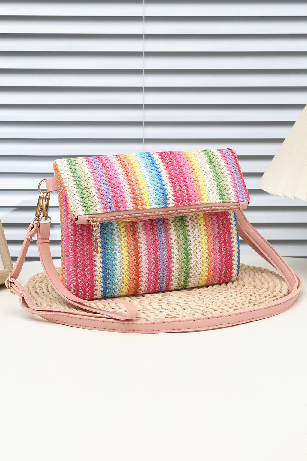 Pink Striped Straw Woven Zip Folded Magnetic Button Shoulder Bag