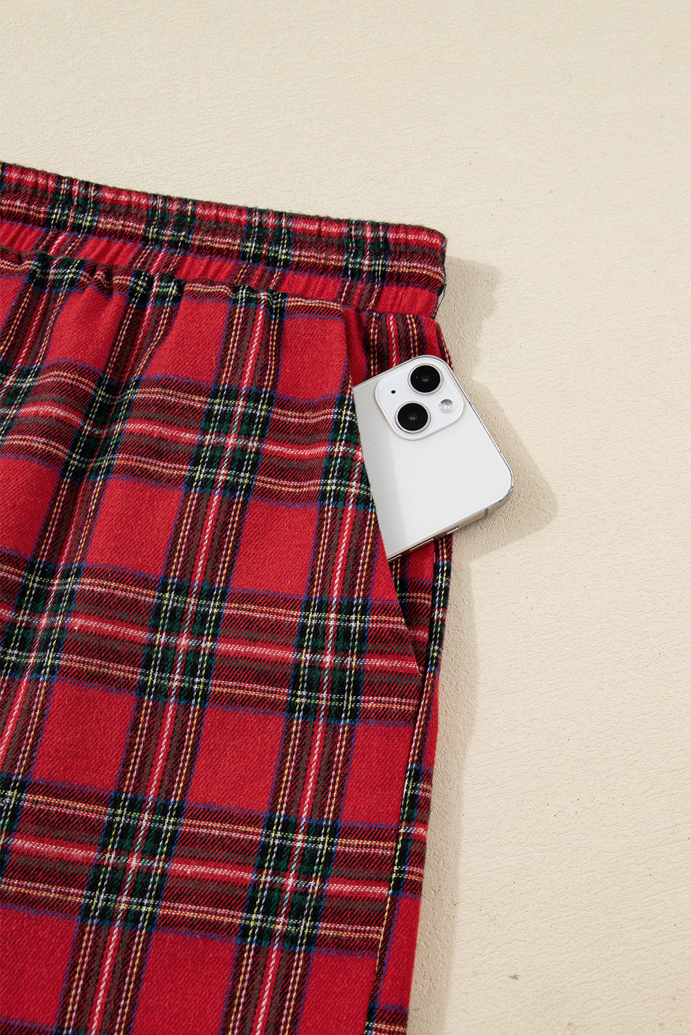 Red Plus Size Plaid Contrast Patchwork Long Sleeve Shirt and Shorts 2pcs Pajama Set