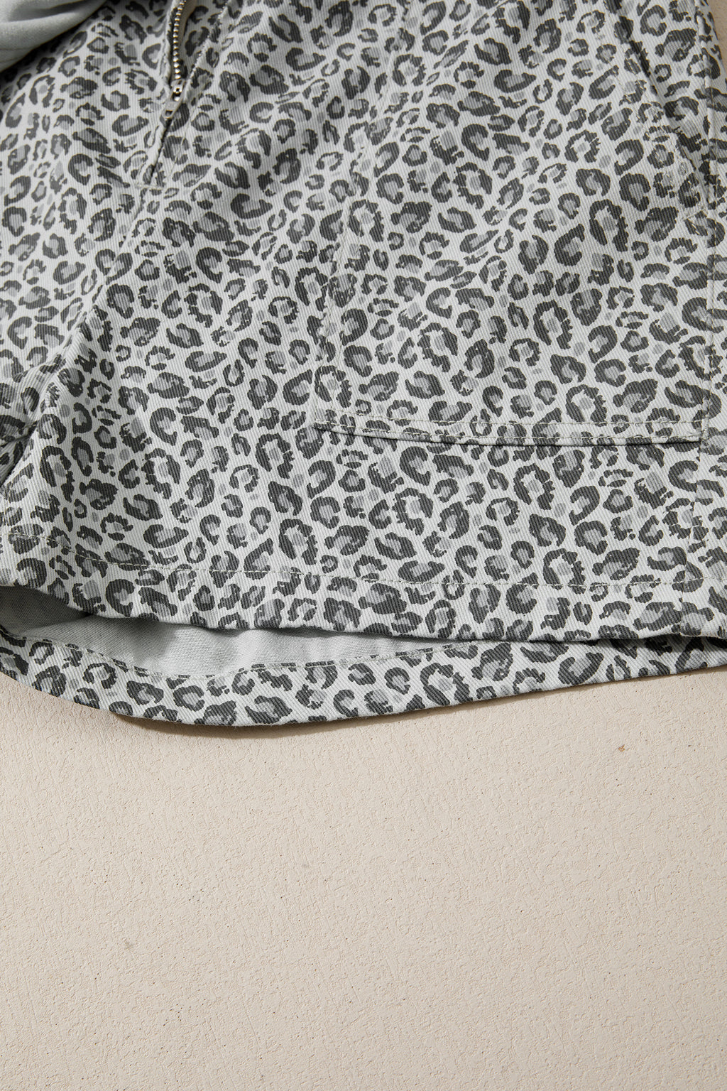 Gray Leopard Print Wrap Front Denim Shorts