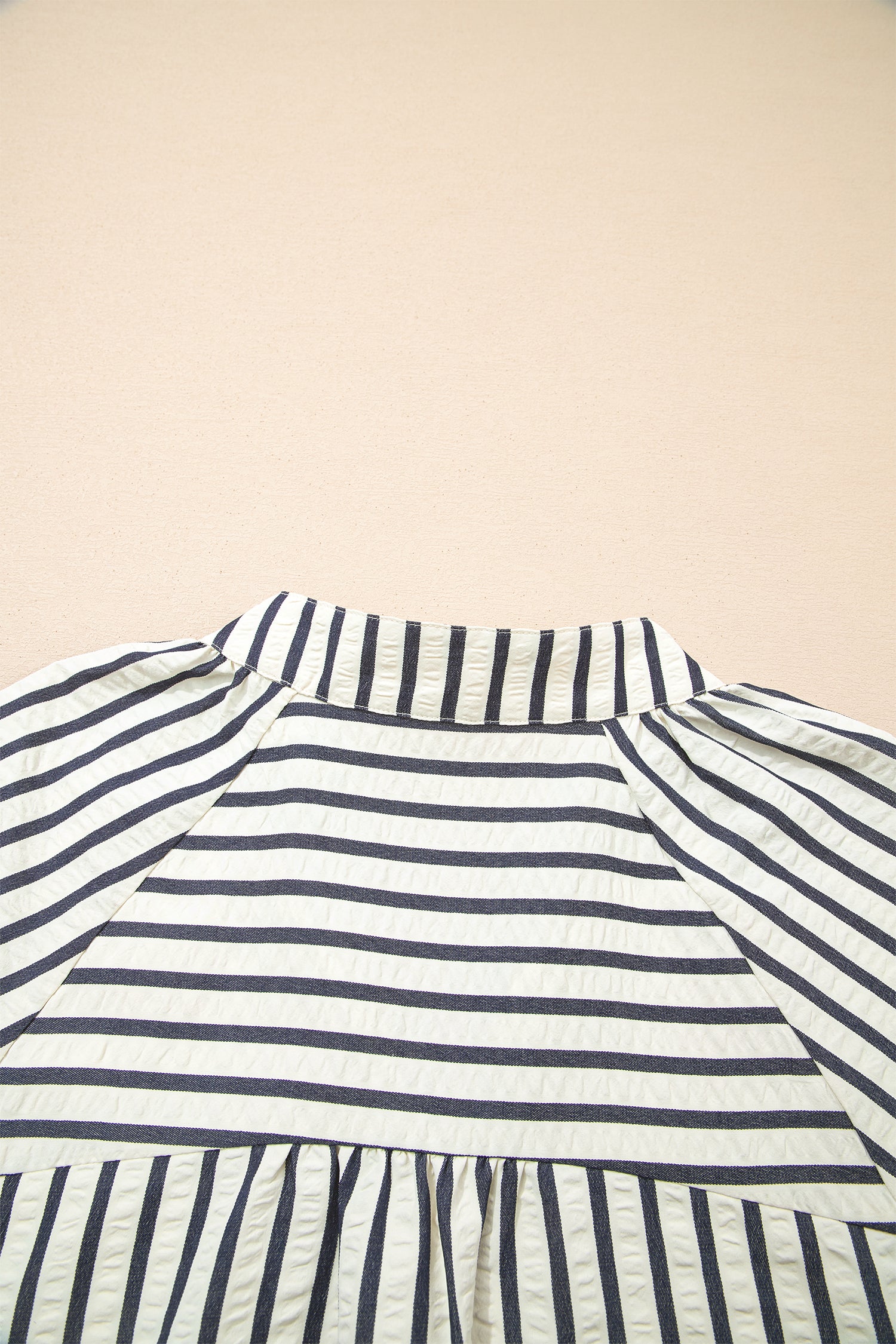 Blue Stripe Floral Embroidered Detail V Neck Short Sleeve Blouse