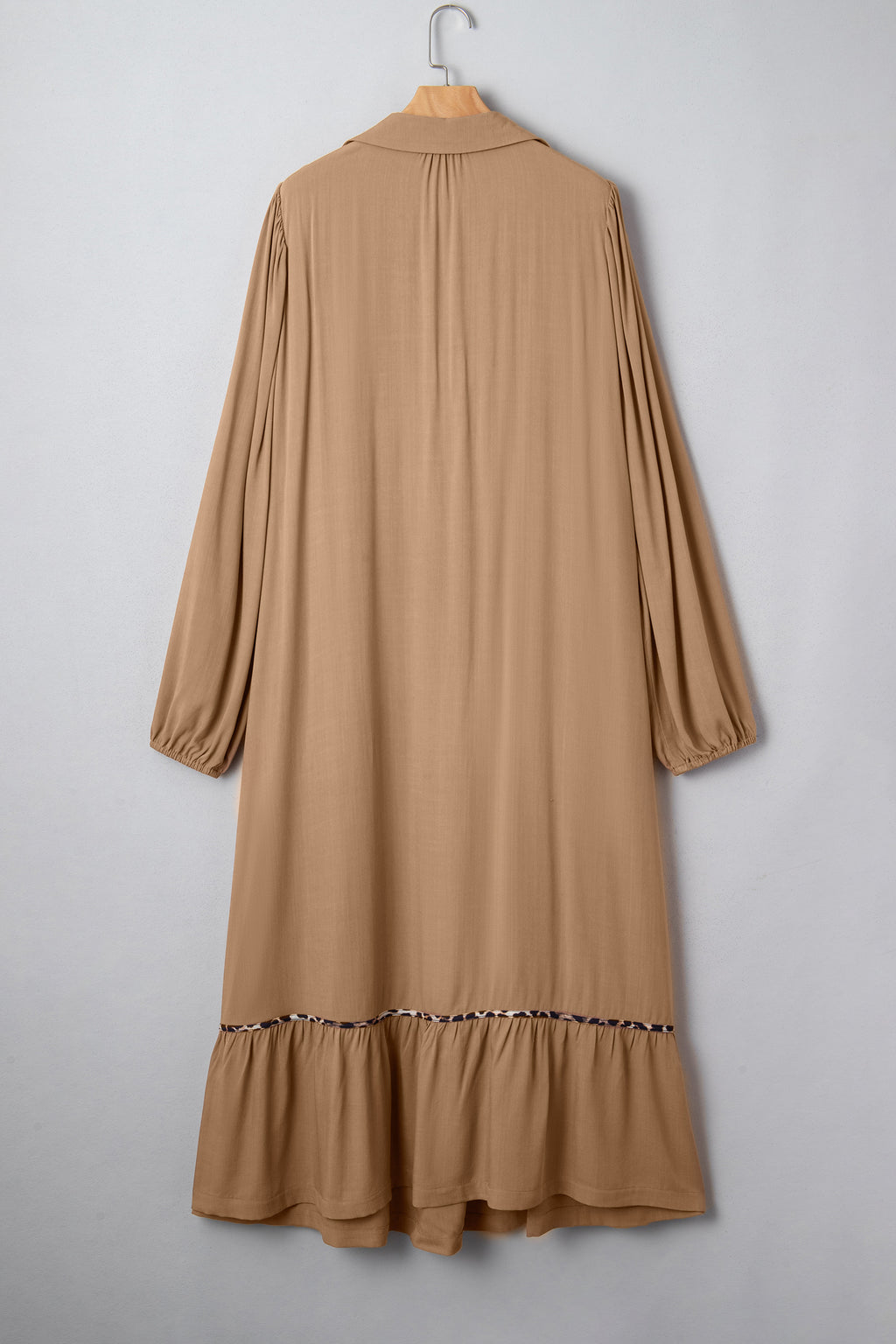 Chestnut Smocked V Neckline Leopard Piping Accent Bracelet Plus Size Long Dress