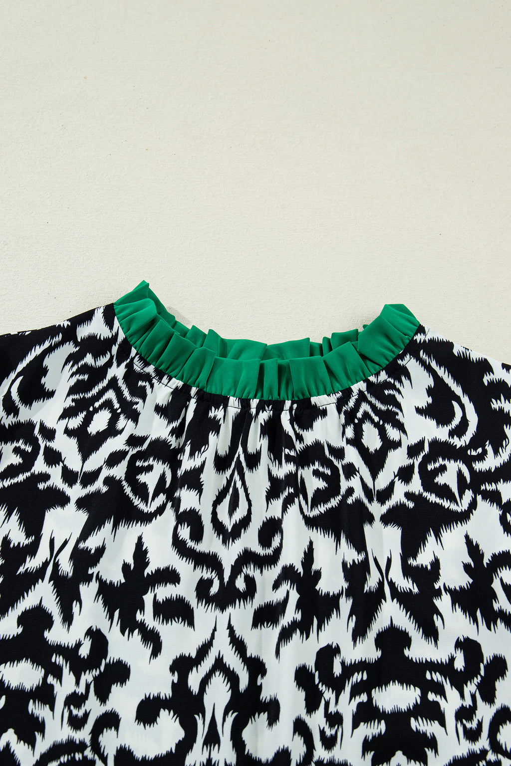 Black Damask Print Ruffled Color Block Detail Half Sleeve Blouse