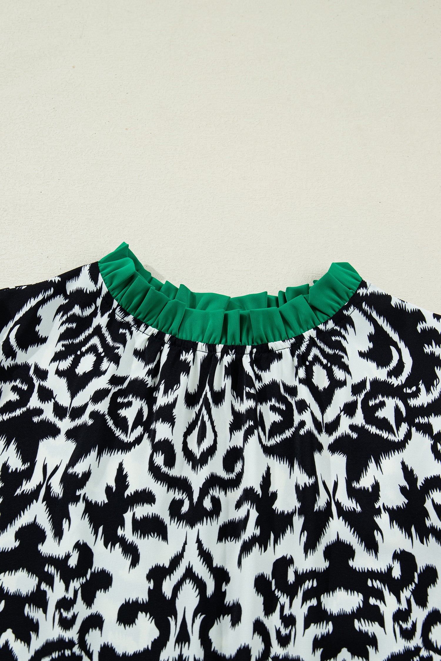 Black Damask Print Ruffled Color Block Detail Half Sleeve Blouse