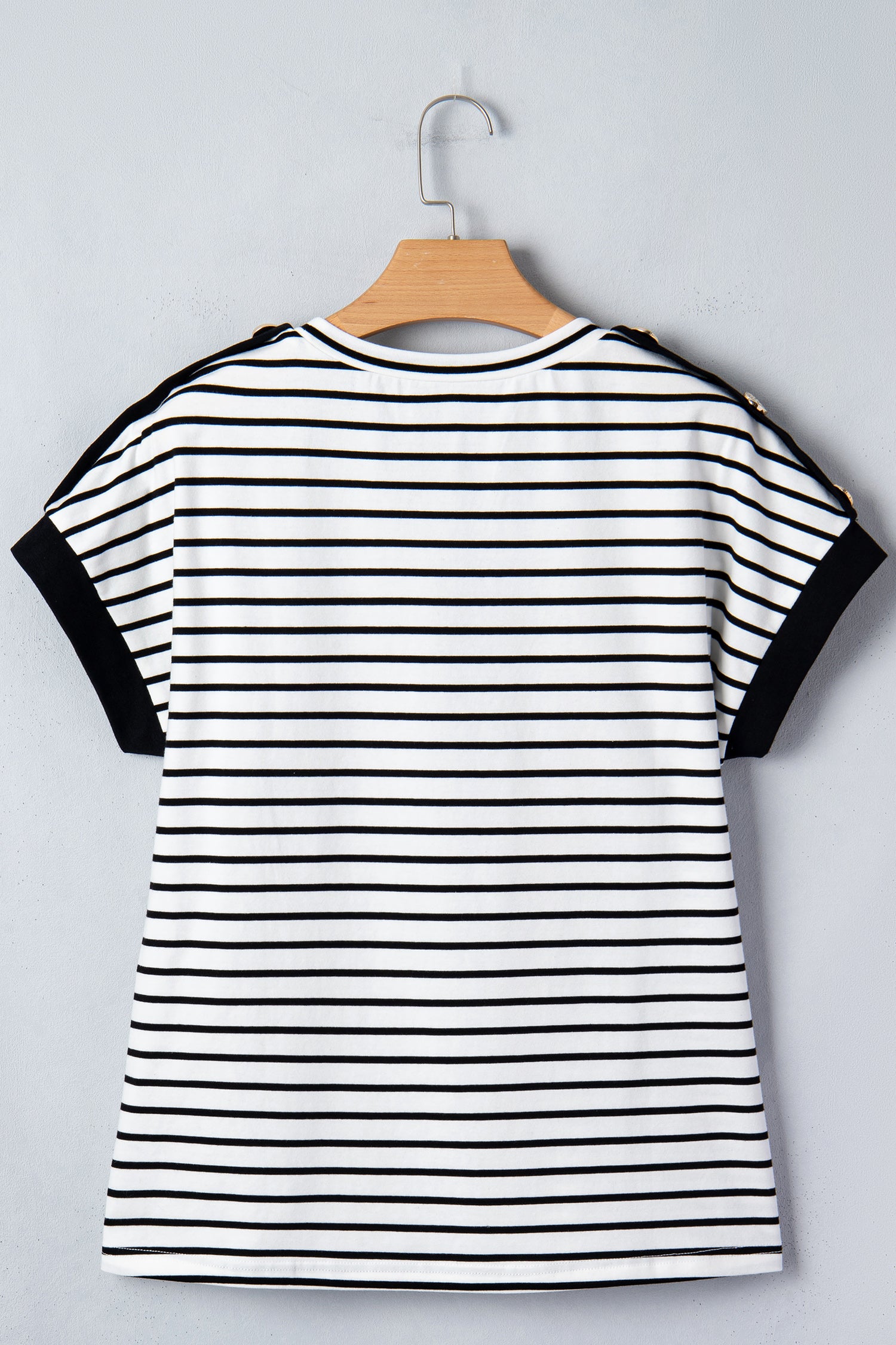 Black Stripe Cuffed Sleeve Button Detail Loose Tee