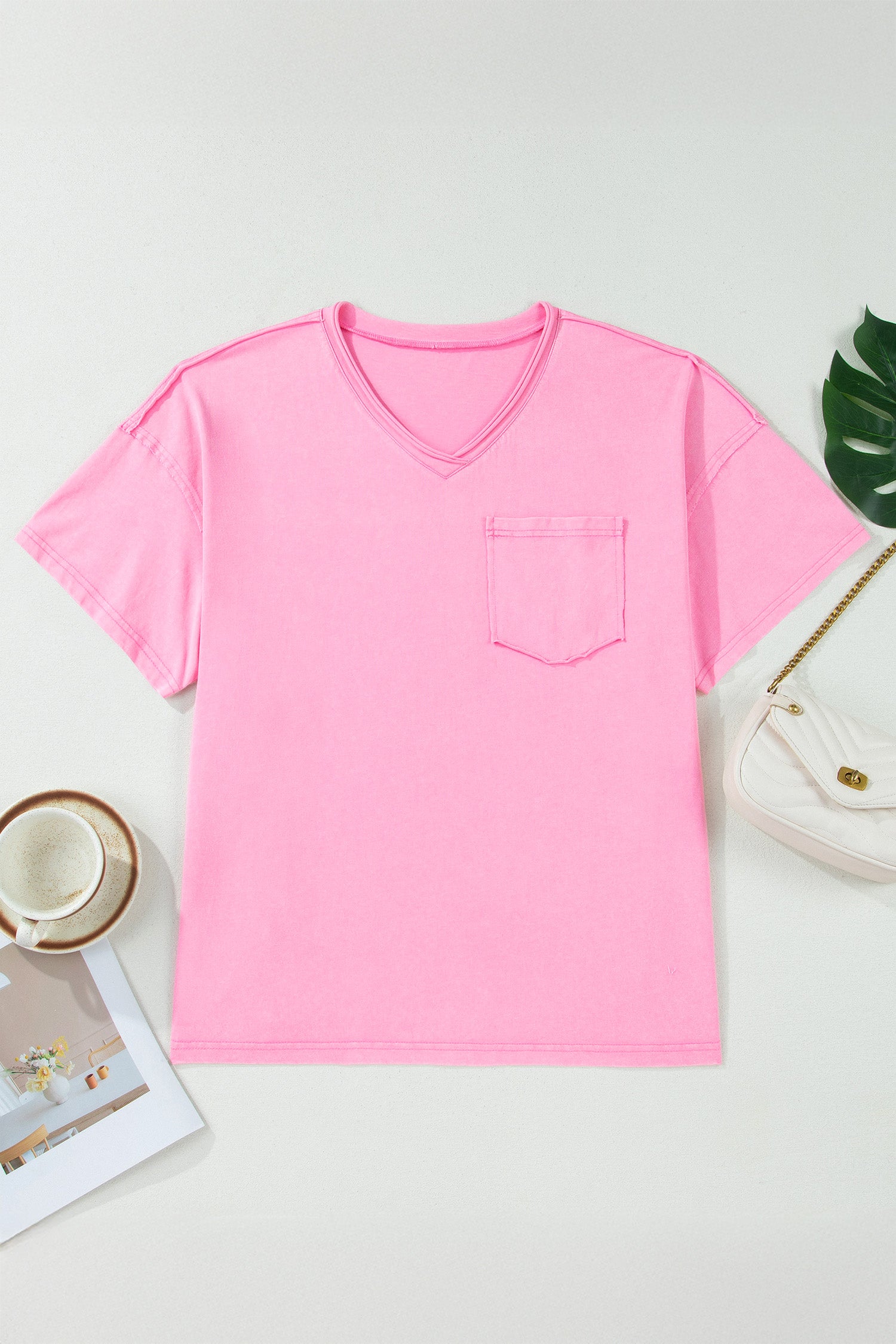 Sachet Pink Plus Size Mineral Wash Raw Edge Round Neck Tee