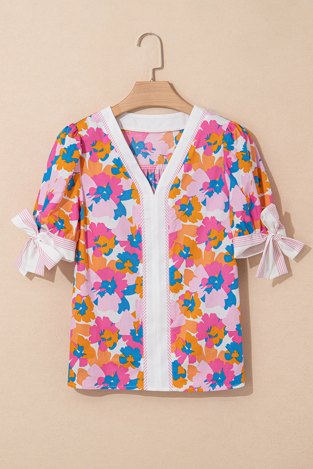 White Floral Colorblock Striped Edge V Neck Knotted Short Sleeve Blouse