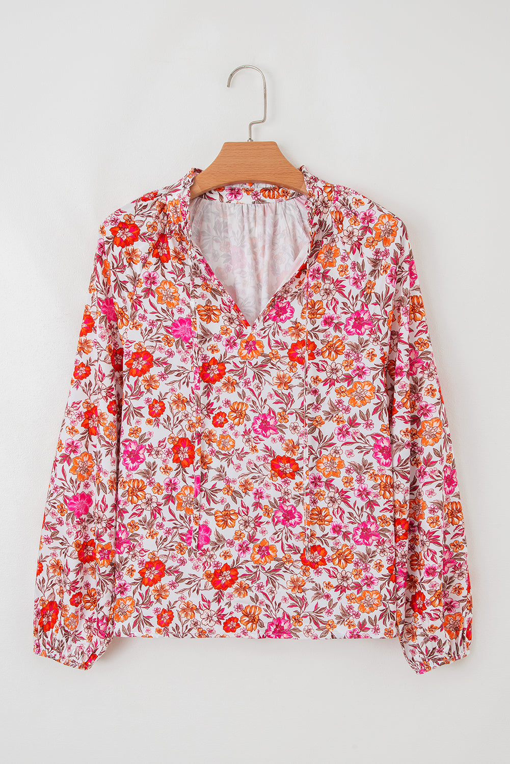 Pink Floral Print Tie Split Neck Bracelet Sleeve Blouse
