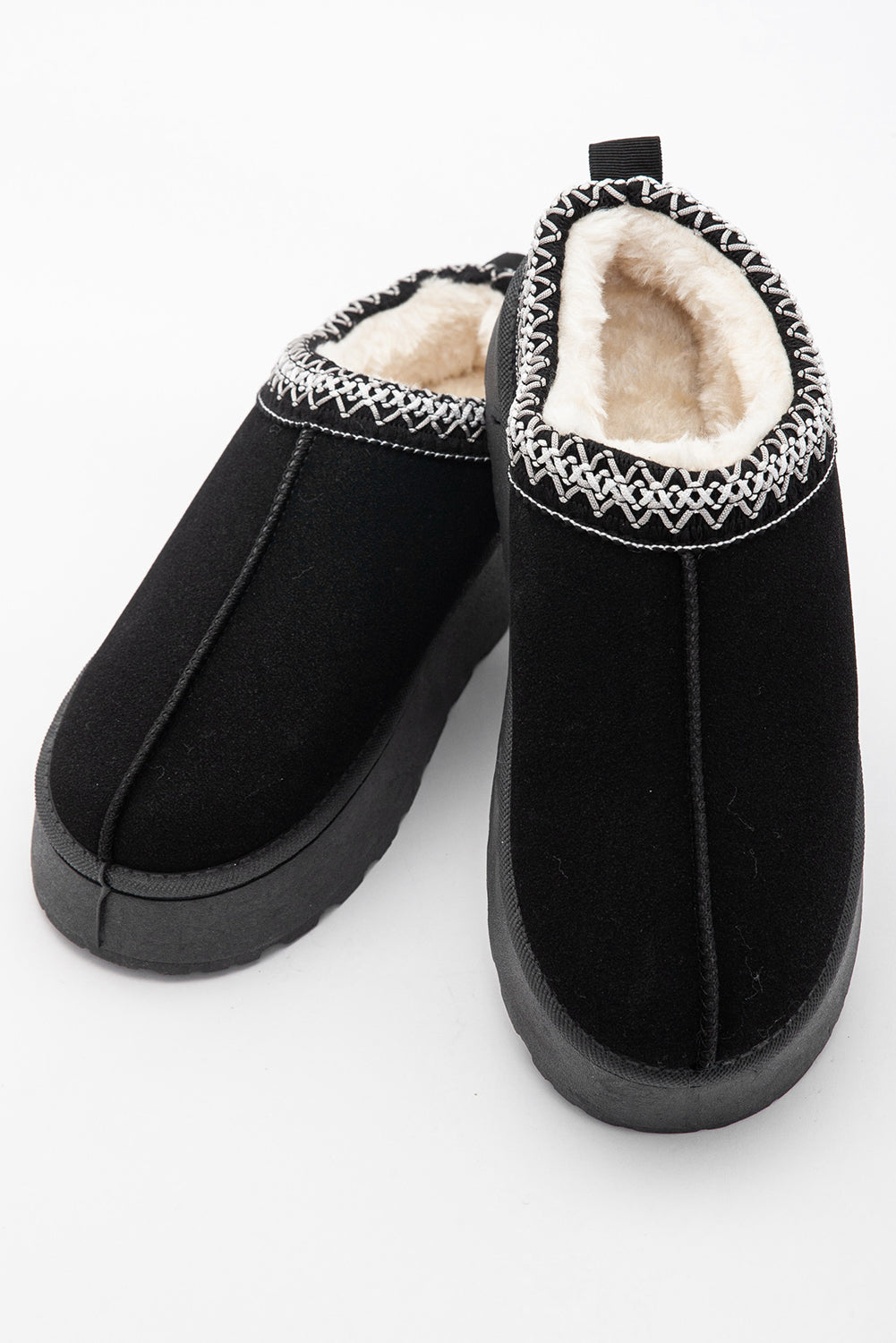 Black Faux Suede Embroidered Detail Plush Lined Platform Slippers
