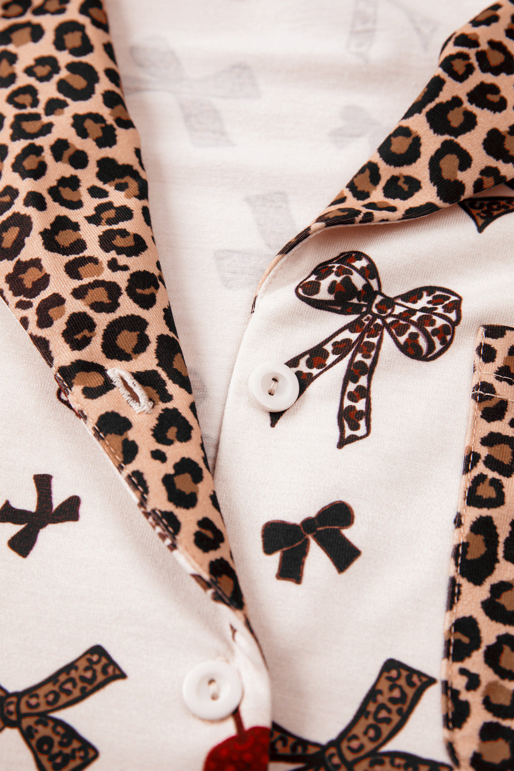 White Chic Bow Cherry Printed Leopard Contrast Patchwork Shirt Drawstring Shorts 2pcs PJ Set