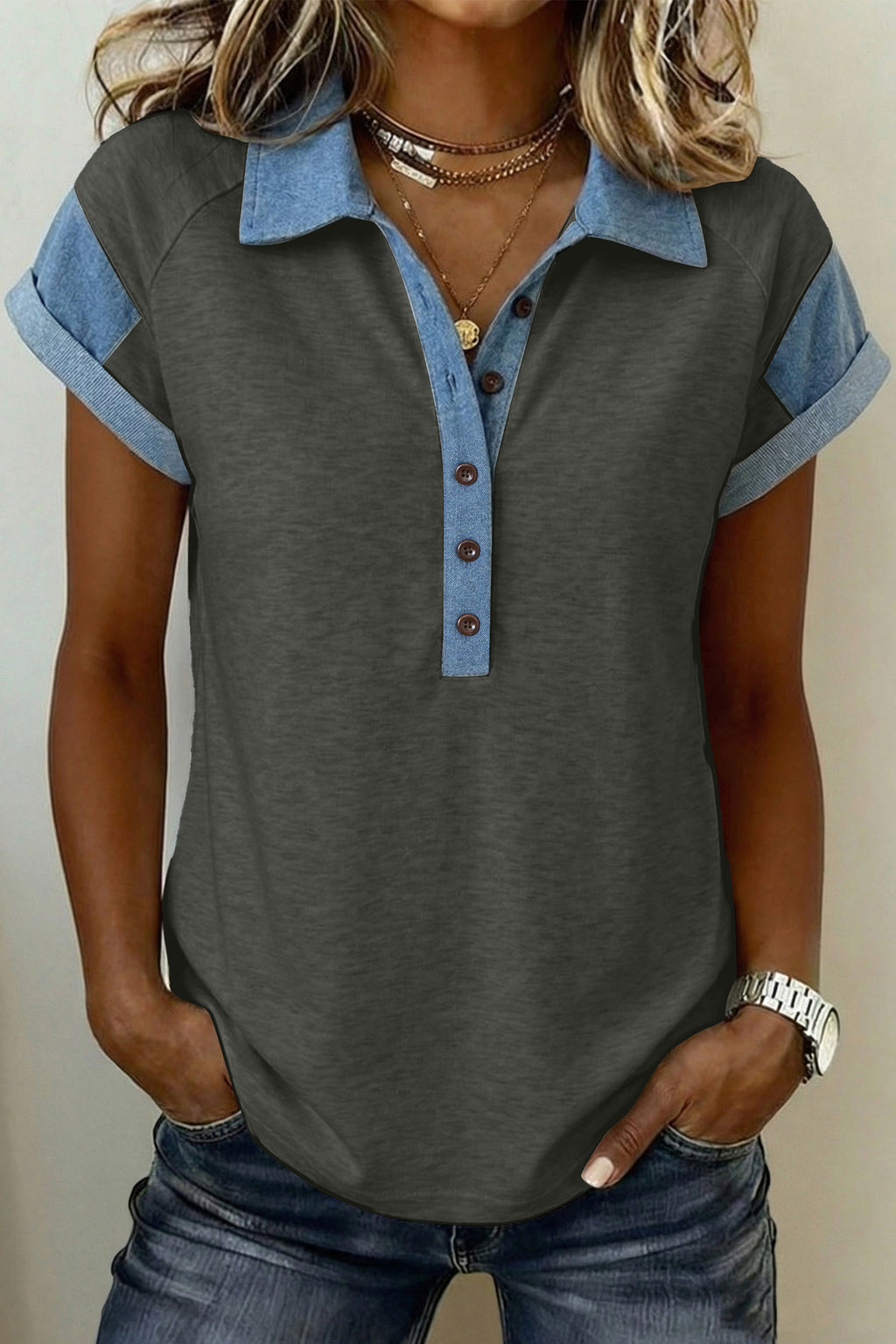 Carbon Grey Denim Color Block Patchwork Shirt Collar Short Sleeve Blouse