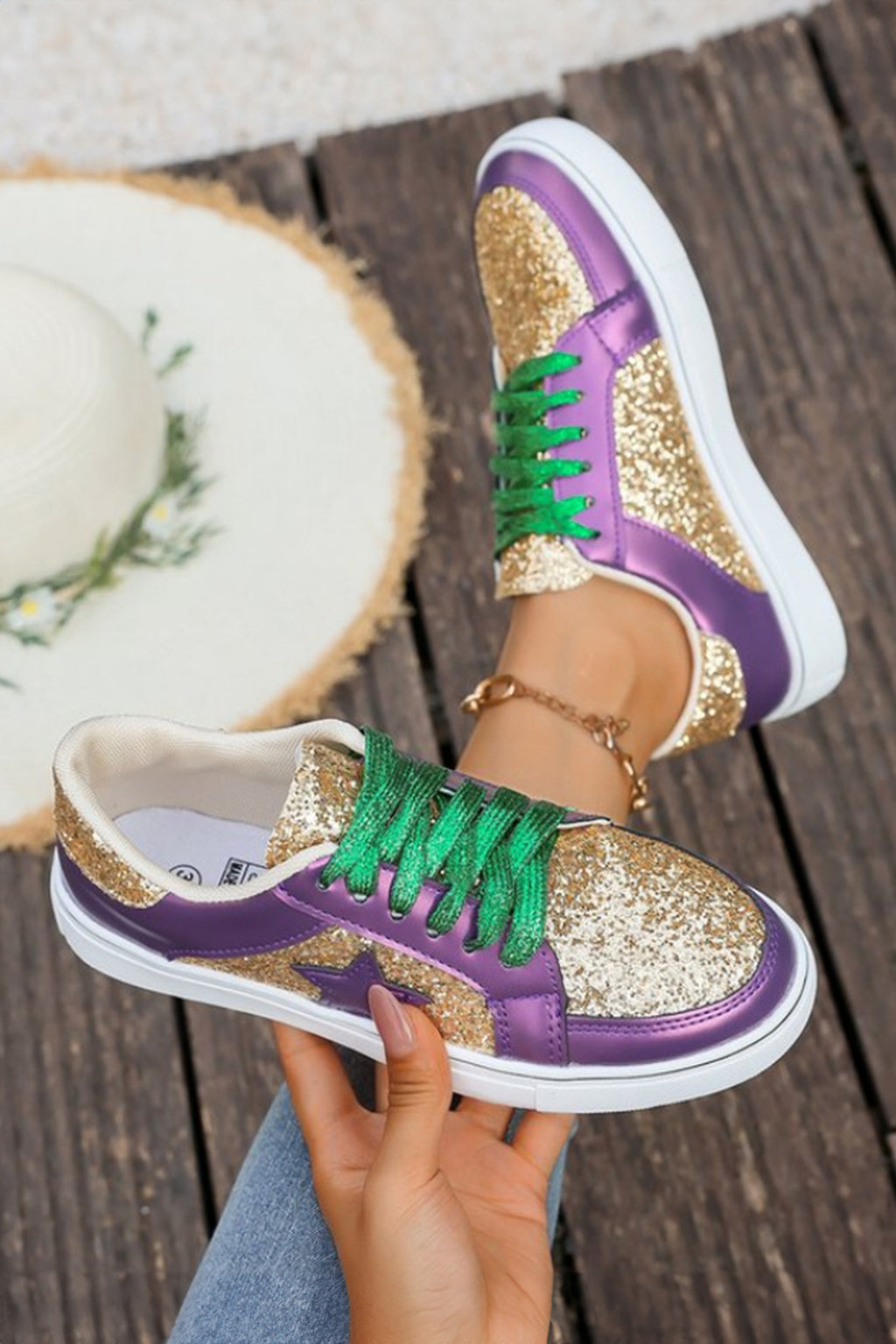 Tillandsia Purple Glitter Star Patchwork PU Leather Lace-up Sneakers