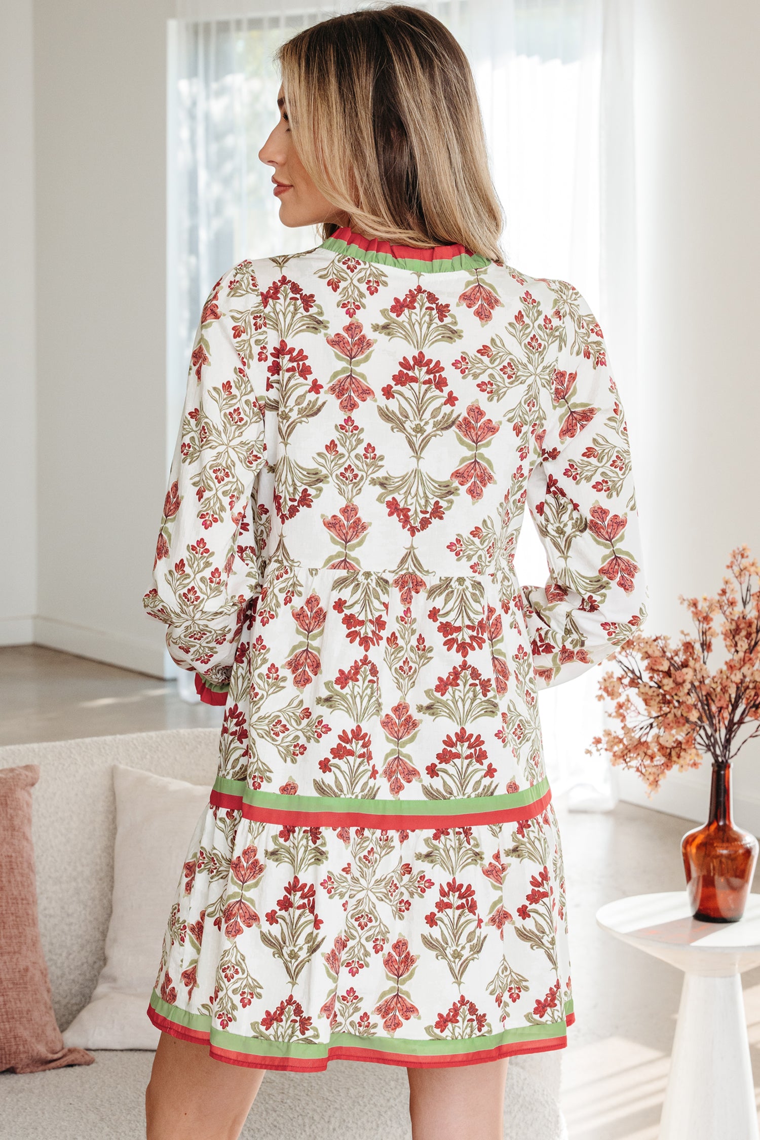 Pink Floral Print Contrast Trim Frilled Neck Long Sleeve Flared Dress