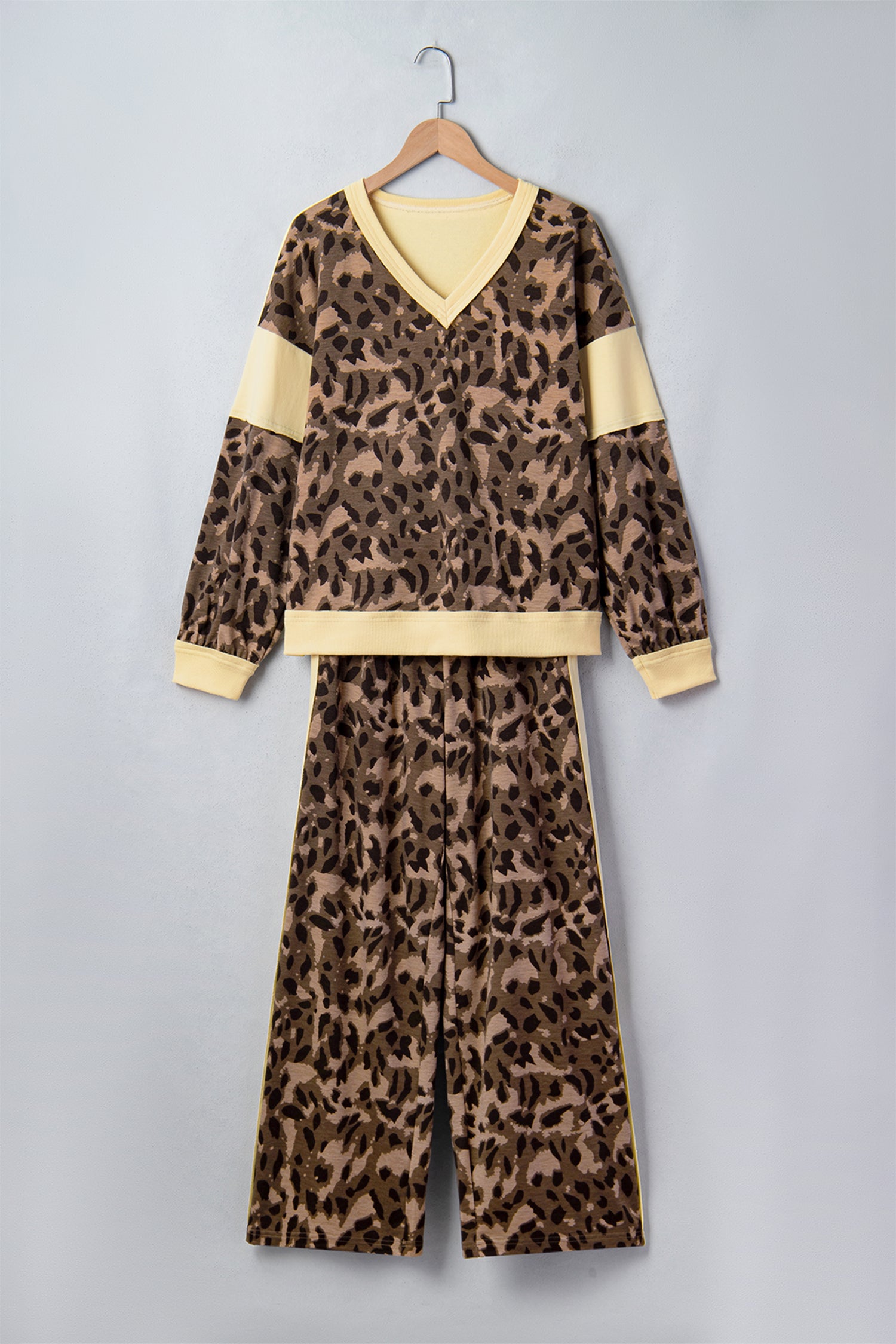Brown Leopard Print Long Sleeve V-Neck Wide Leg Pant Set