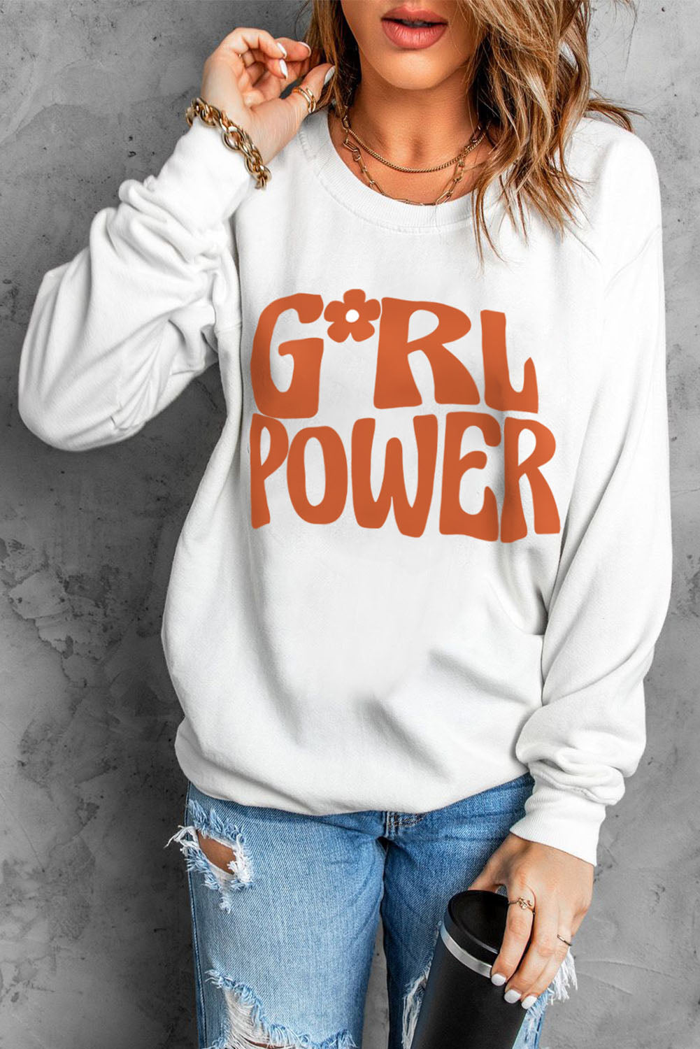 Beige GIRL POWER Graphic Round Neck Sweatshirt