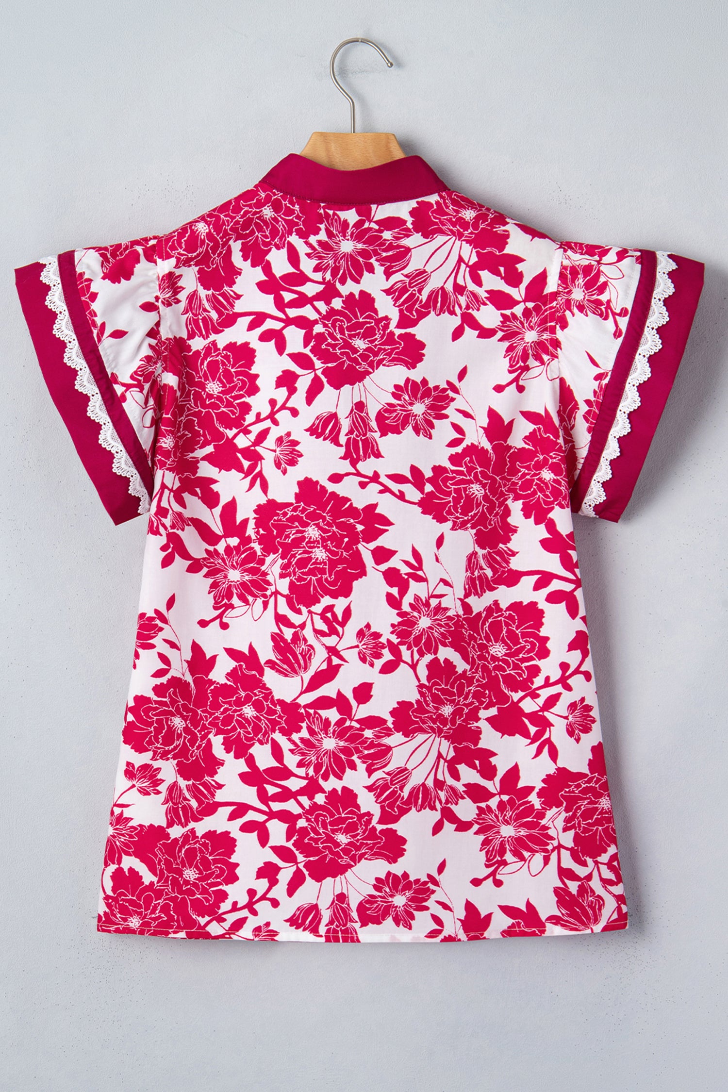 Red Floral Print Color Block Trim Lace Detail V Neck Flutter Sleeve Blouse