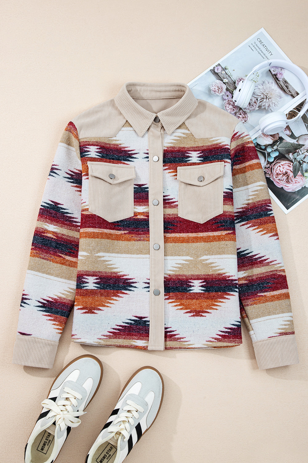 Multicolour Western Aztec Ribbed Patchwork Double Flap Pocket Raw Hem Shacket