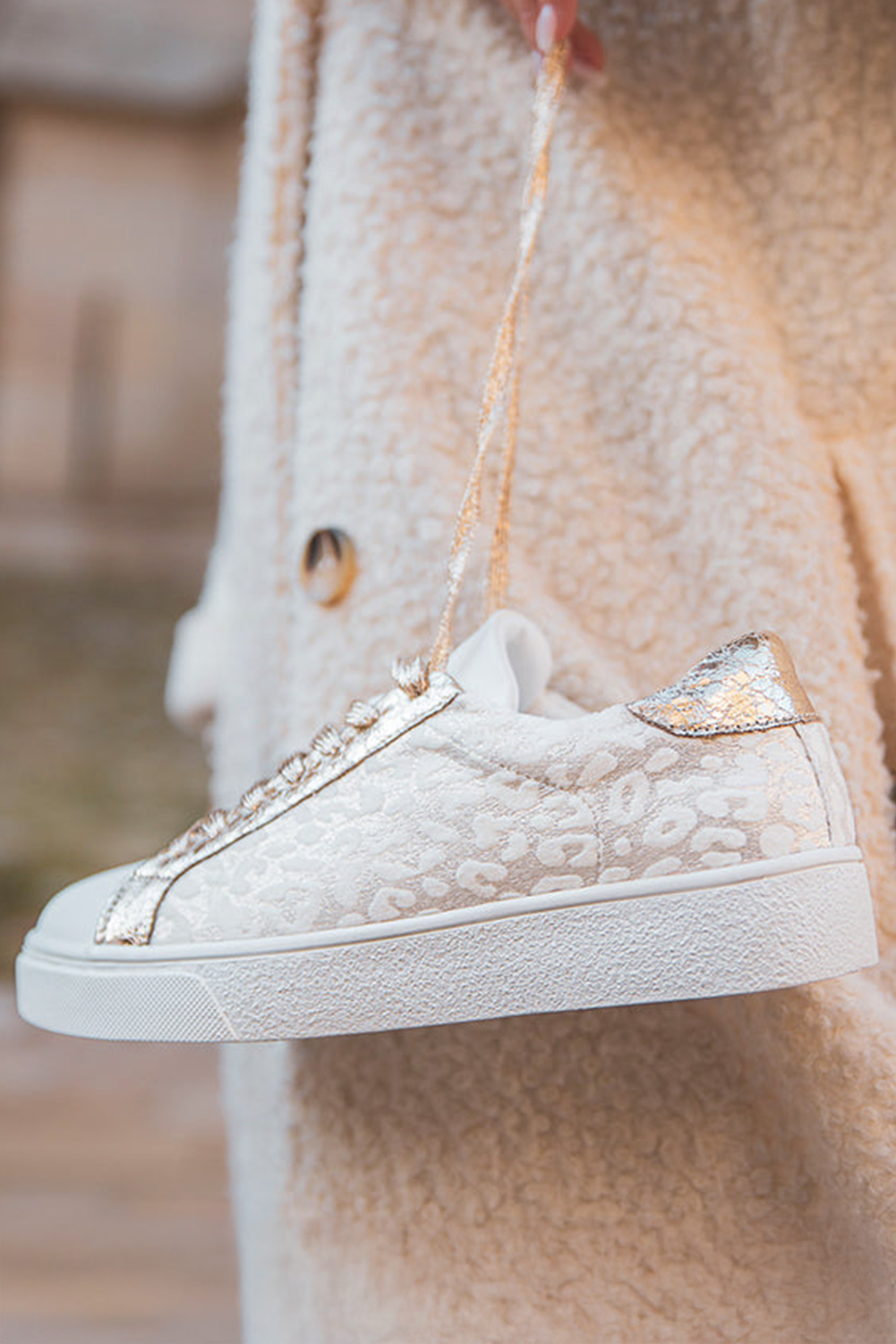 White Leopard Print Glitter Patched PU Leather Lace-up Shoes