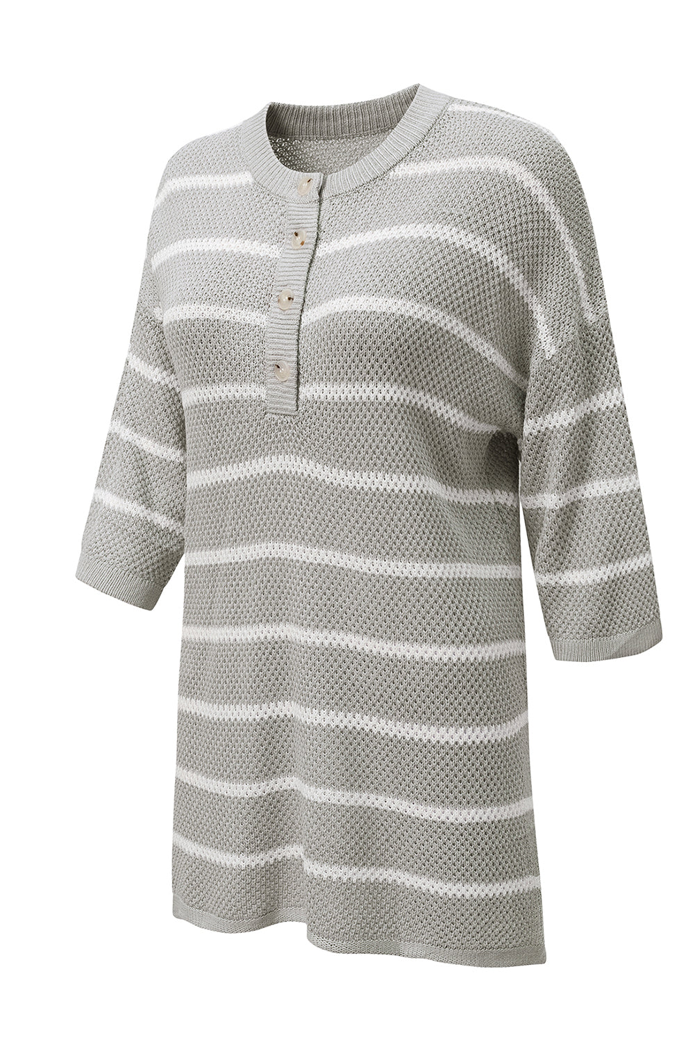 Gray Stripe Henley Buttoned Placket Drop Shoulder Bracelet Sleeve Knit Sweater Tee