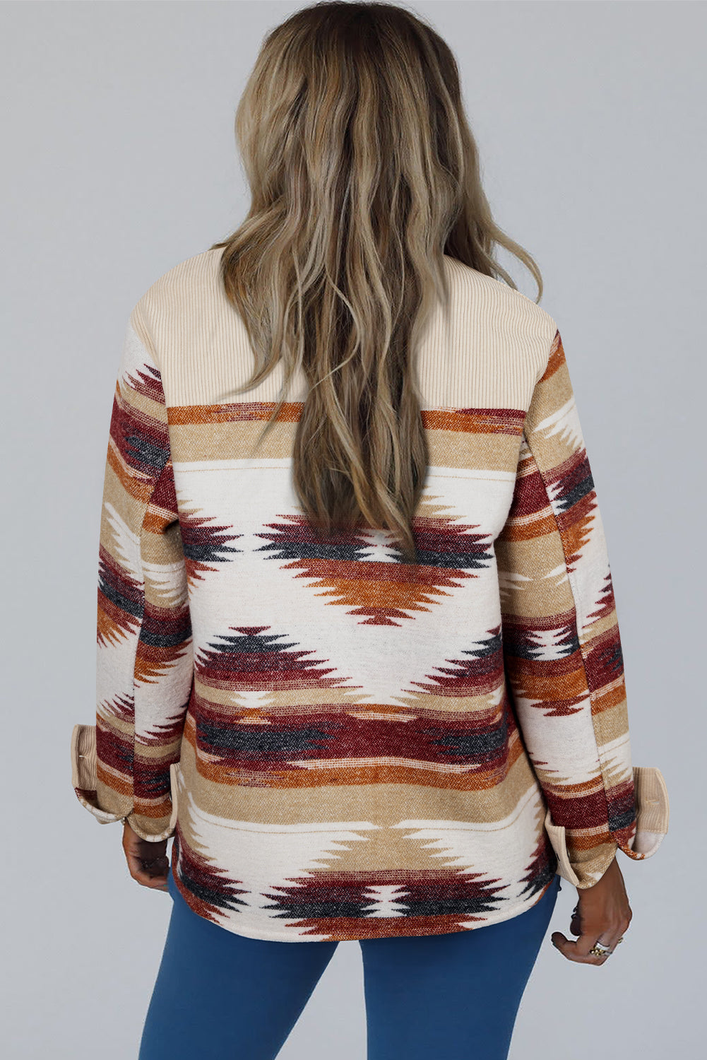 Multicolour Western Aztec Ribbed Patchwork Double Flap Pocket Raw Hem Shacket