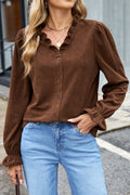 Coffee Solid Color Ruffle Trim V Neck Long Sleeve Button Corduroy Shakcet
