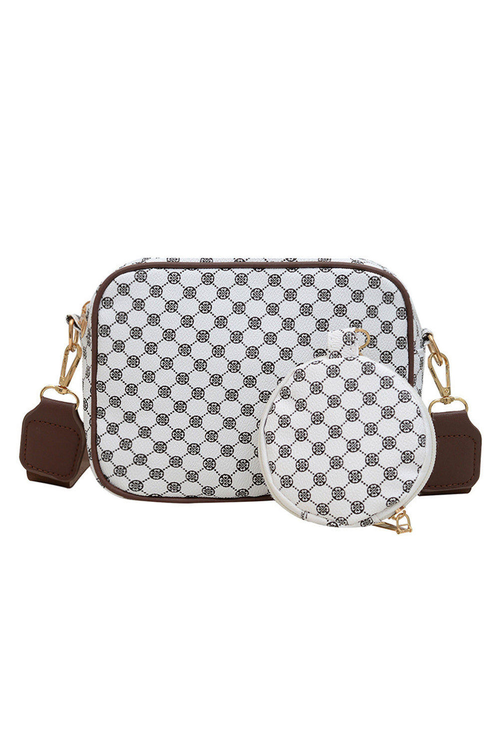 White PU Leather Geometric Pattern Adjustable Strap Shoulder Bag with Wallet