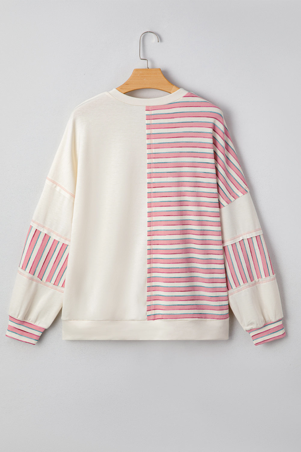 Pink Stripe Stitched Detail Color Block Patchwork Oversized Pullover Top