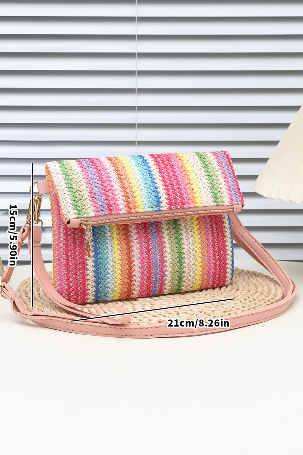 Pink Striped Straw Woven Zip Folded Magnetic Button Shoulder Bag