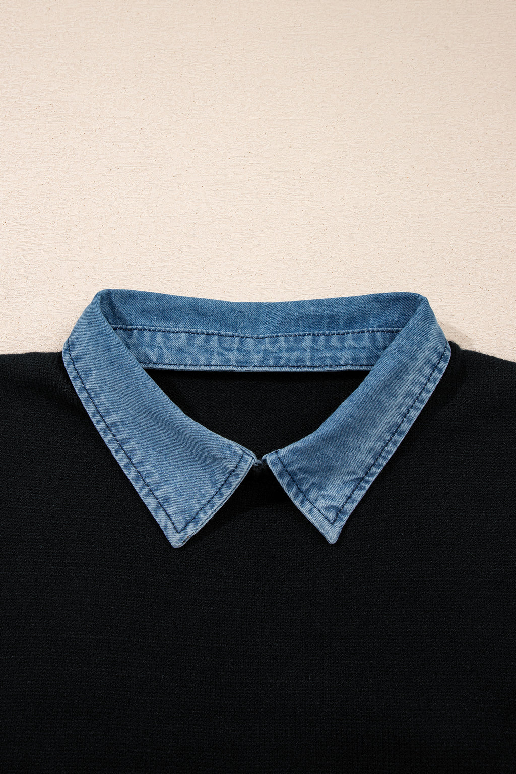 Black Solid Color Knit Contrast Denim Patchwork Collar Sweater Vest
