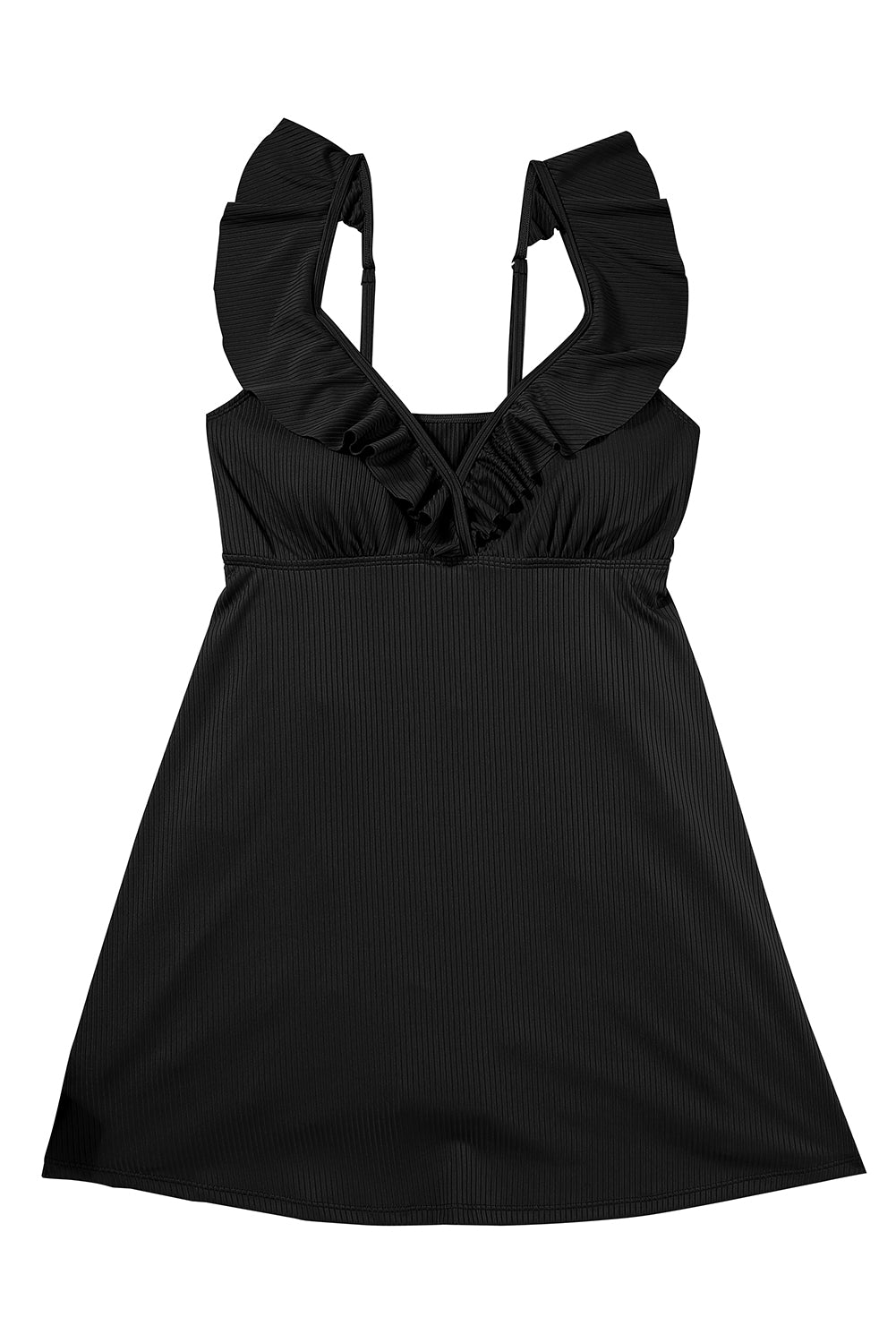 Black Textured Ruffle Trim V Neck Sleeveless One Piece Flared Swimdress