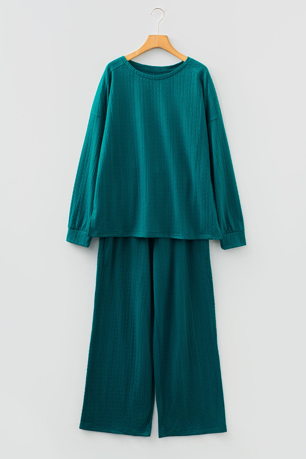 Sea Green Textured Round Neck Sweatshirt & Loose Drawstring High Waist Pant Set
