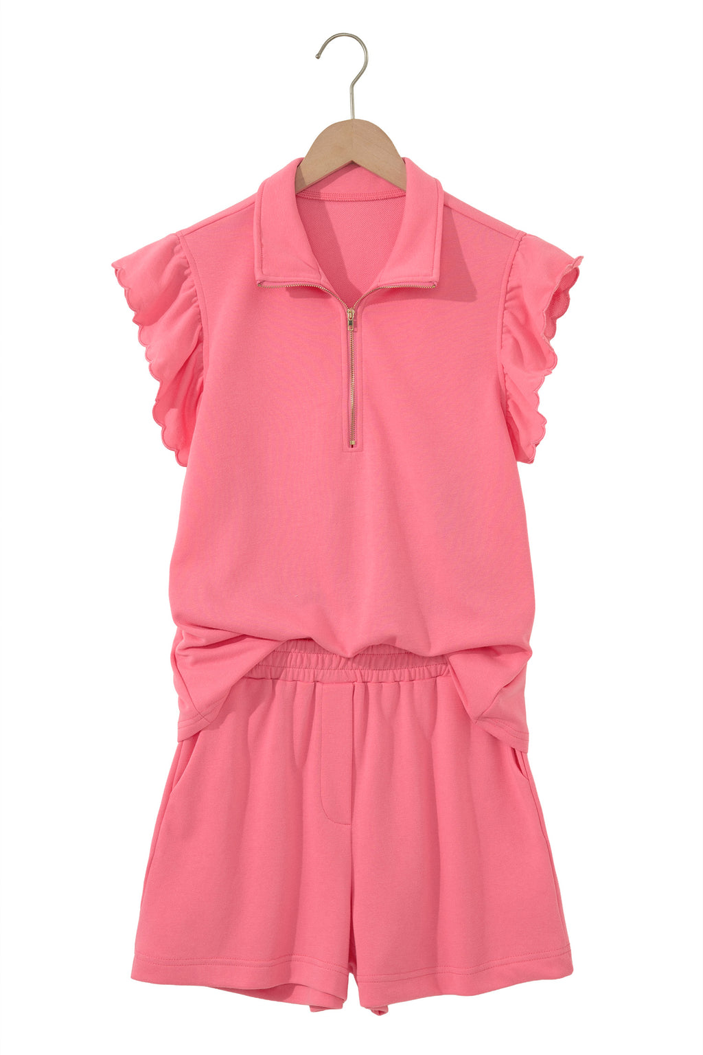 Coral Paradise Half Zipped Ruffled Short Set