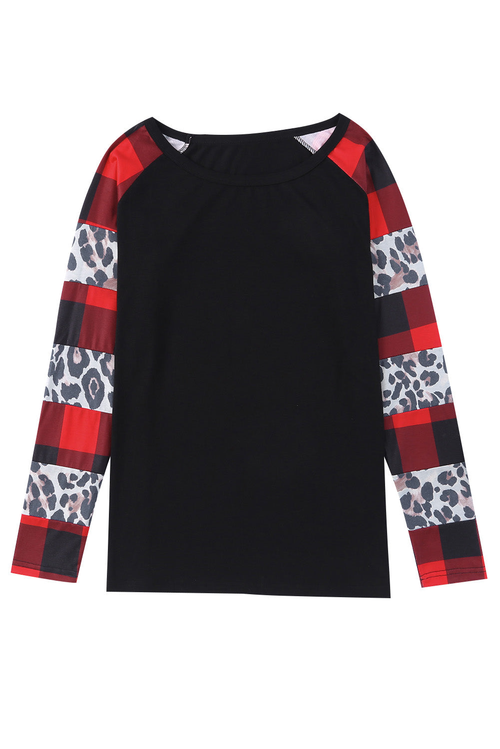 Black Off Shoulder Plaid&Leopard Print Long Sleeve Top