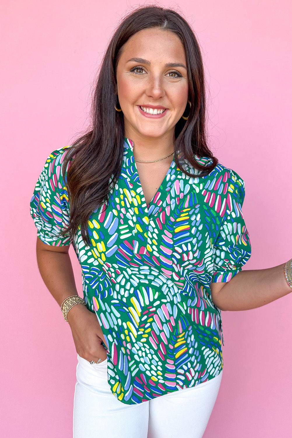 Green Brushwork Geometric Print Puff Sleeve Notched Neck Blouse