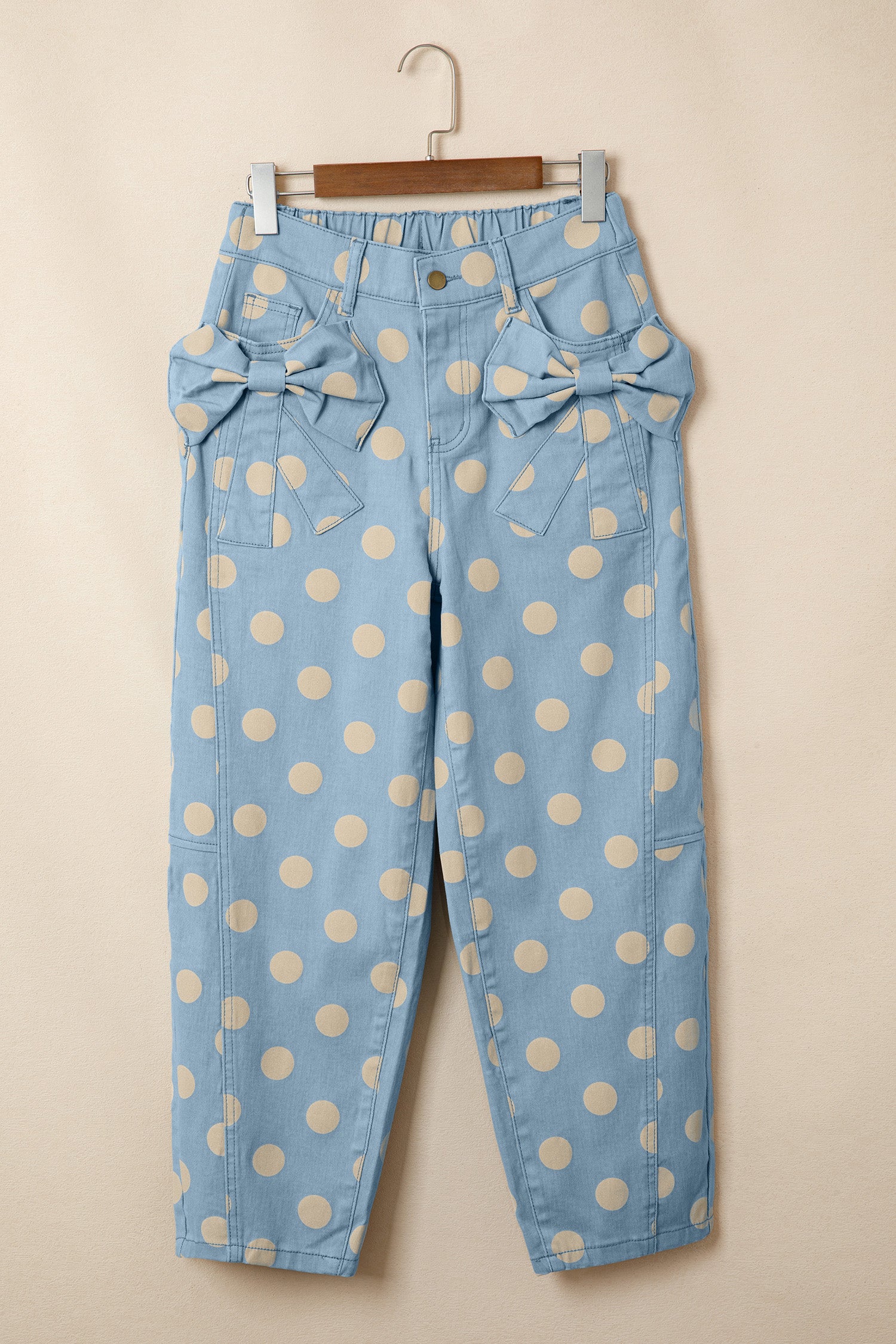 Sky Blue Polka Dot Print Bow Detail Pocketed Barrel Jeans