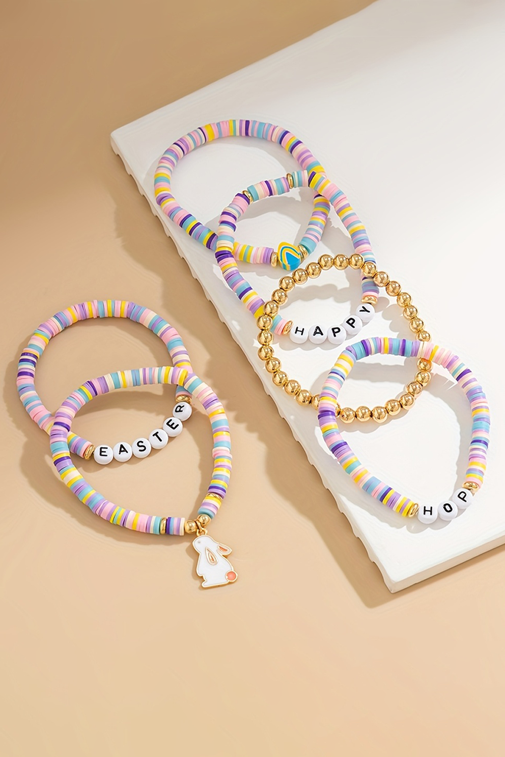 Gold Happy Easter Letter Beaded Elastic Multi Layer Bracelet