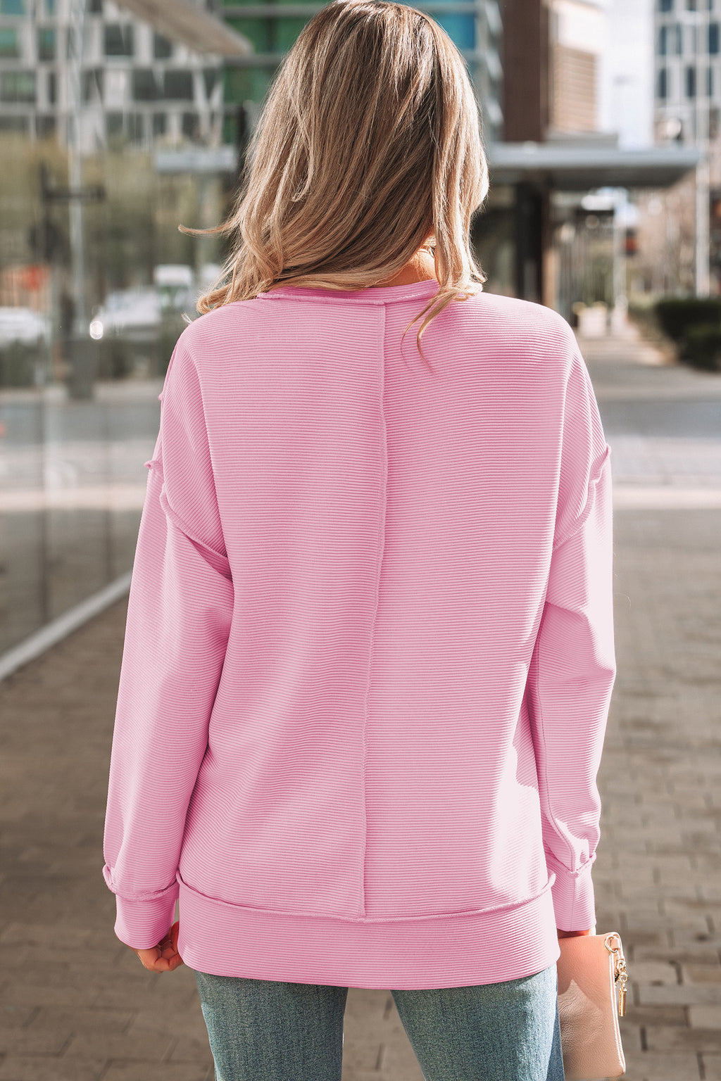 Pink Horizontal Ribbed Exposed Seam Detail Drop Shoulder Baggy Pullover