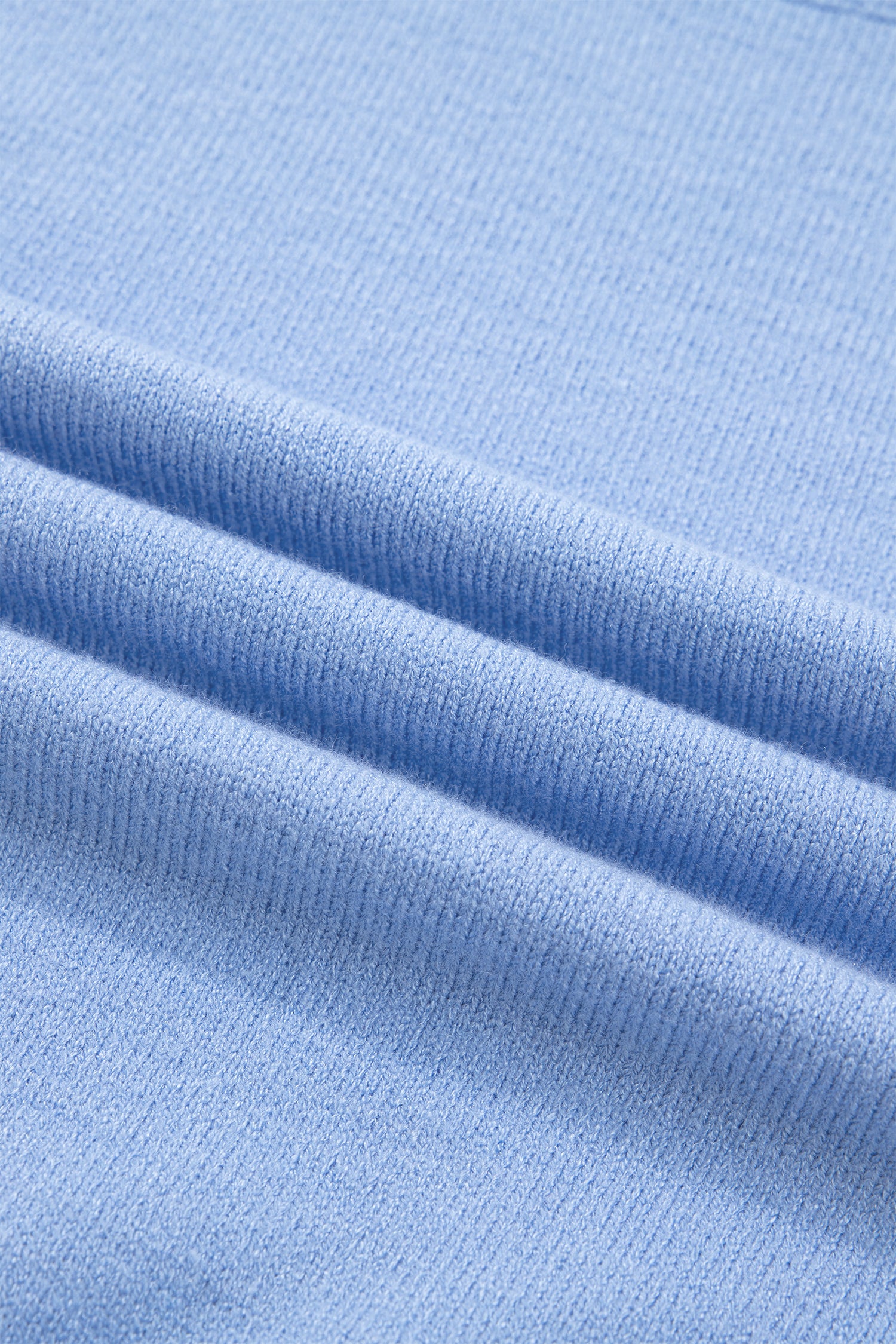 Beau Blue Solid Color Ribbed Trim Round Neck Ruffle Short Sleeve Sweater