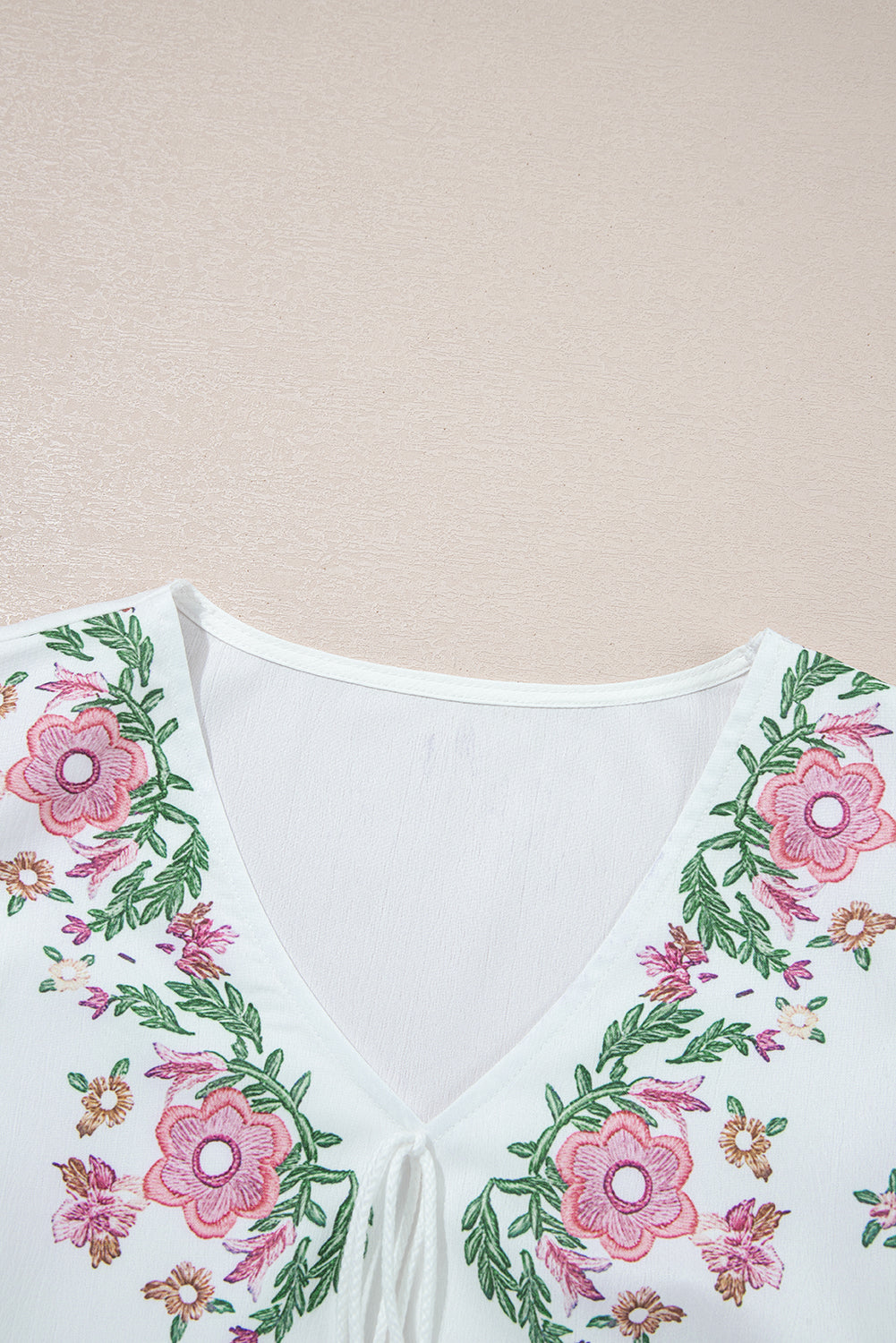 White Flower Print Lace-up V Neck Babydoll Blouse