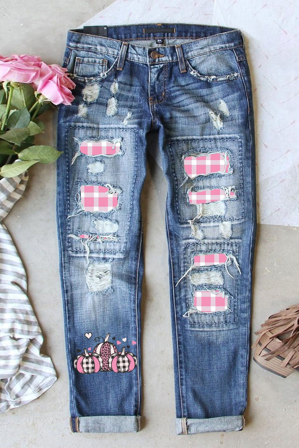 Sky Blue-15  American Flag Patched Distressed Jeans