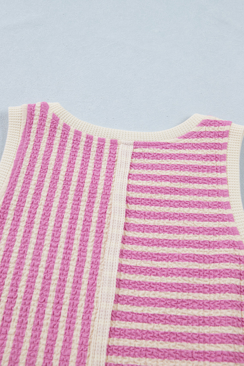 Pink Stripe Textured Contrast Trim Casual Tank and Shorts Set