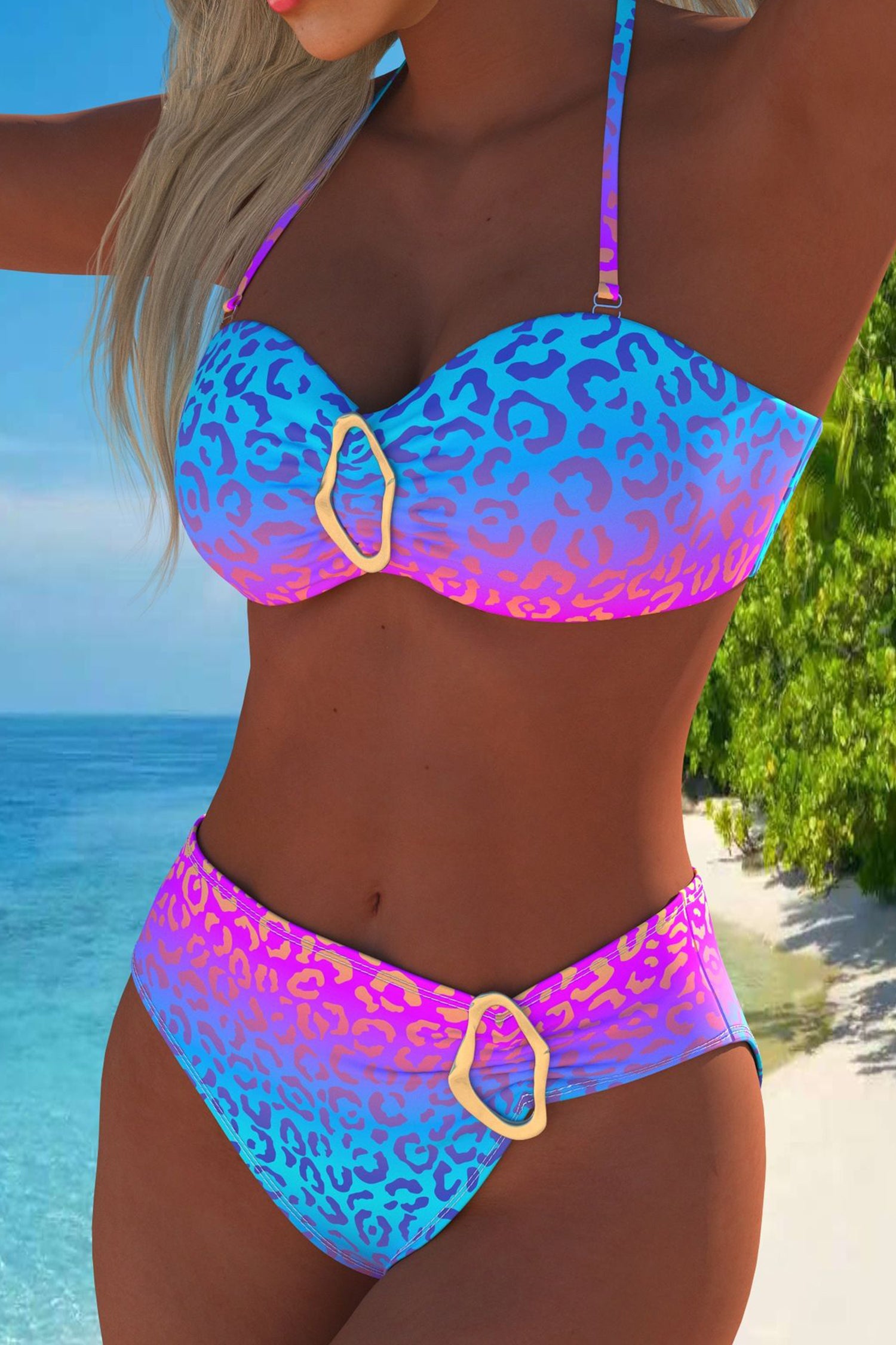 Sky Blue Ombre Leopard Print 2pcs Halter Bikini Swimsuit (Random Print)