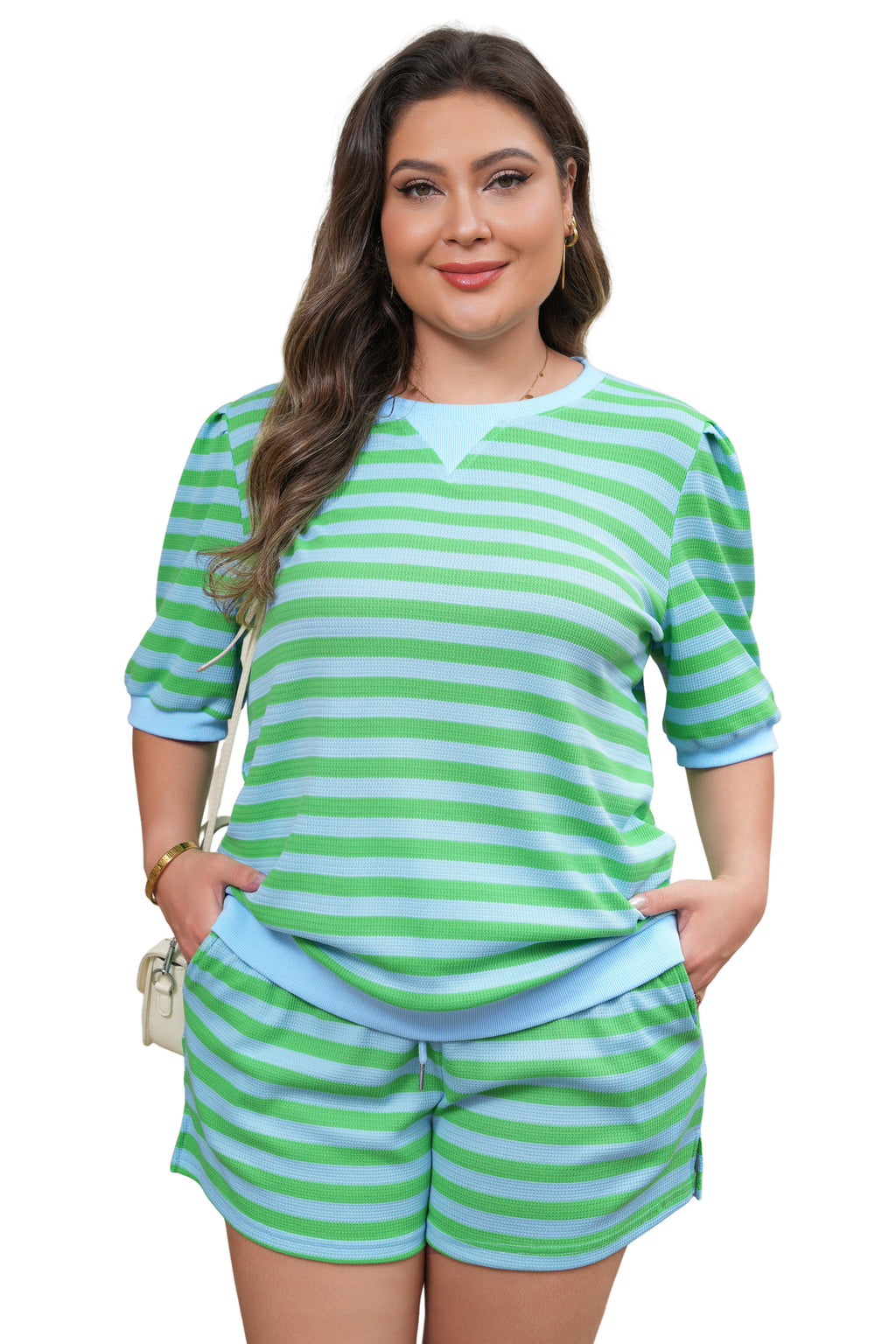 Green Stripe Plus Size Colorblock Detail Puff Sleeve Top Drawstring Shorts 2pcs Outfit