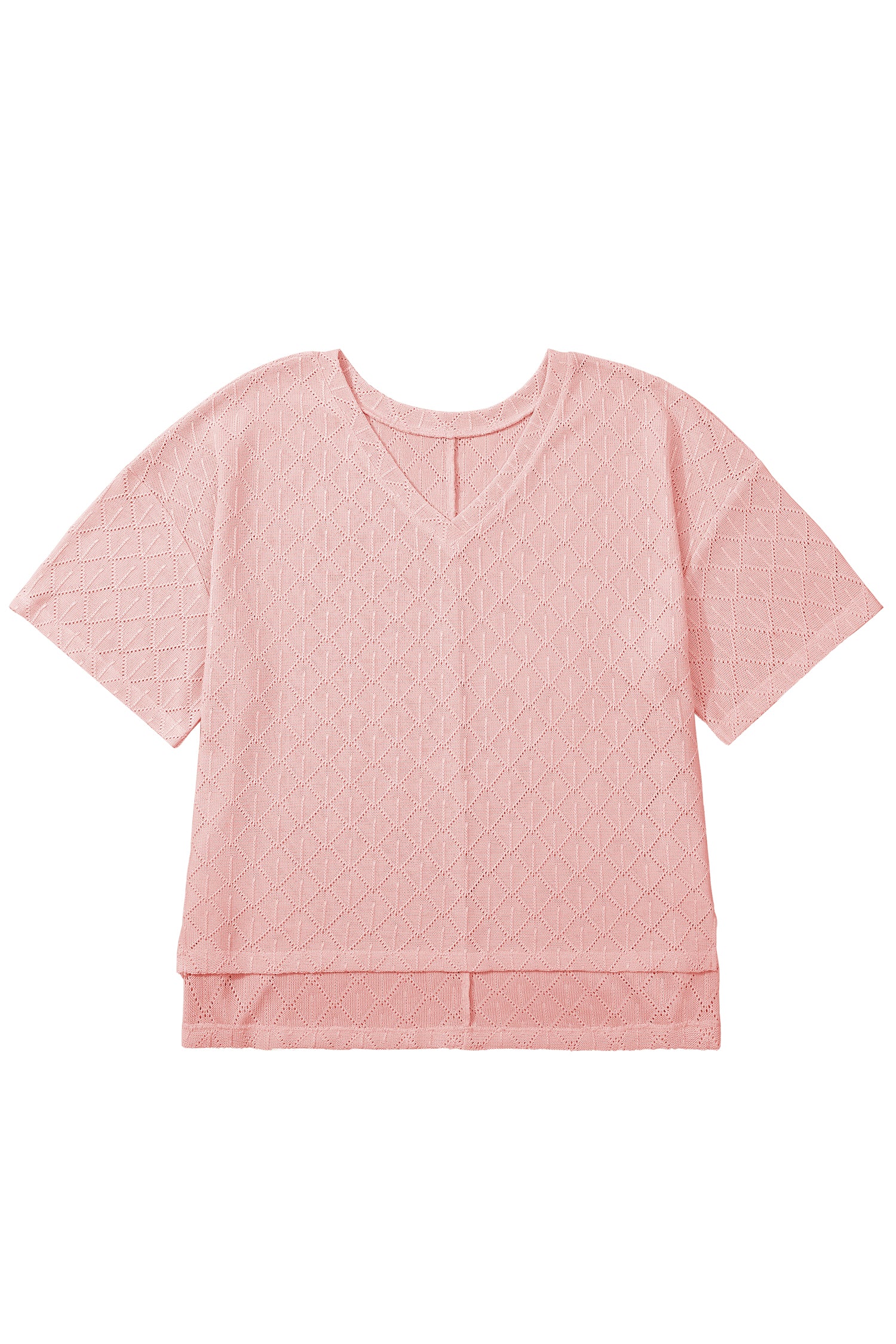 Light Pink Pointelle Rhombus Knit Plus Size V Neck Loose Top