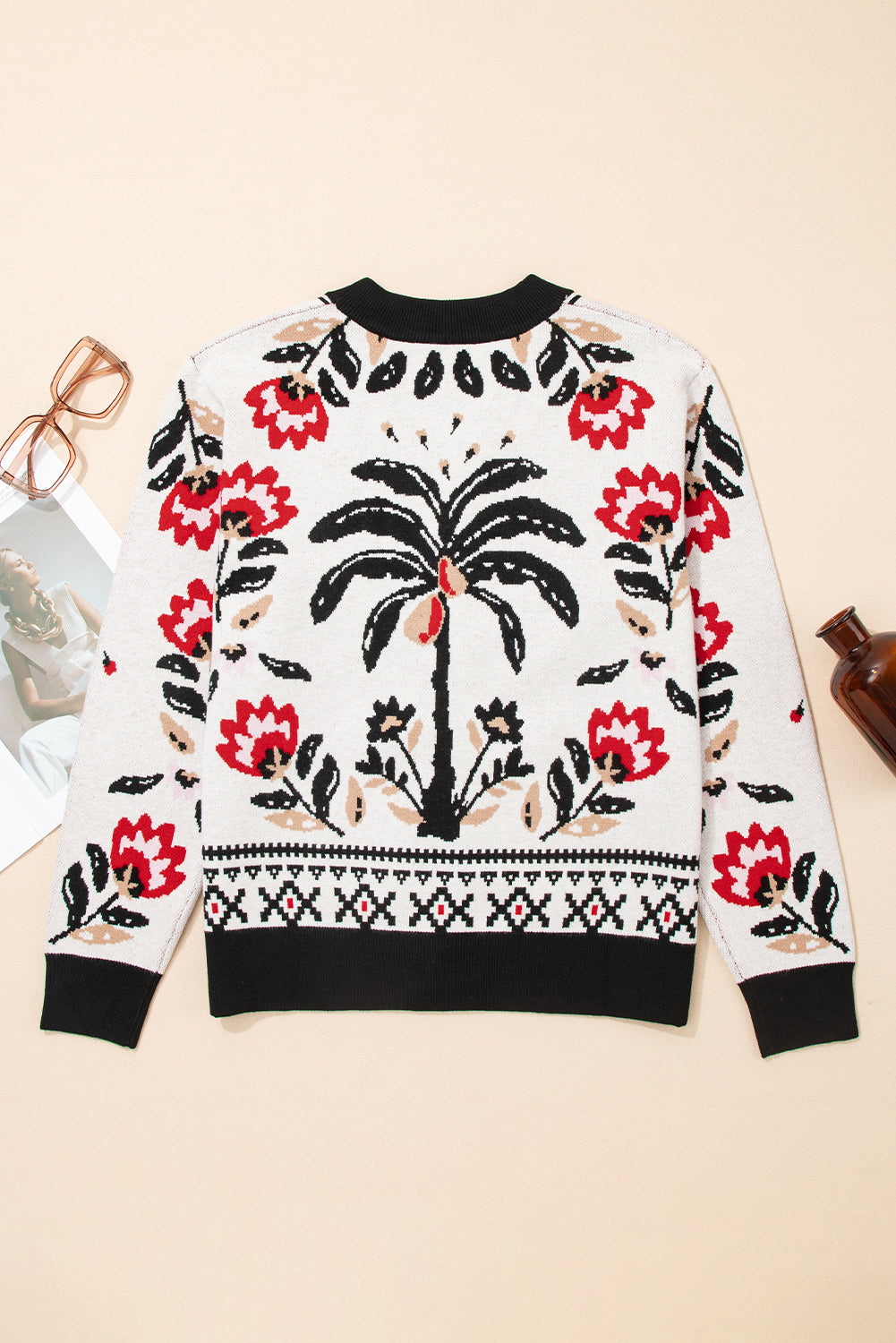 Beige Floral Print Buttoned Front V Neck Knit Cardigan