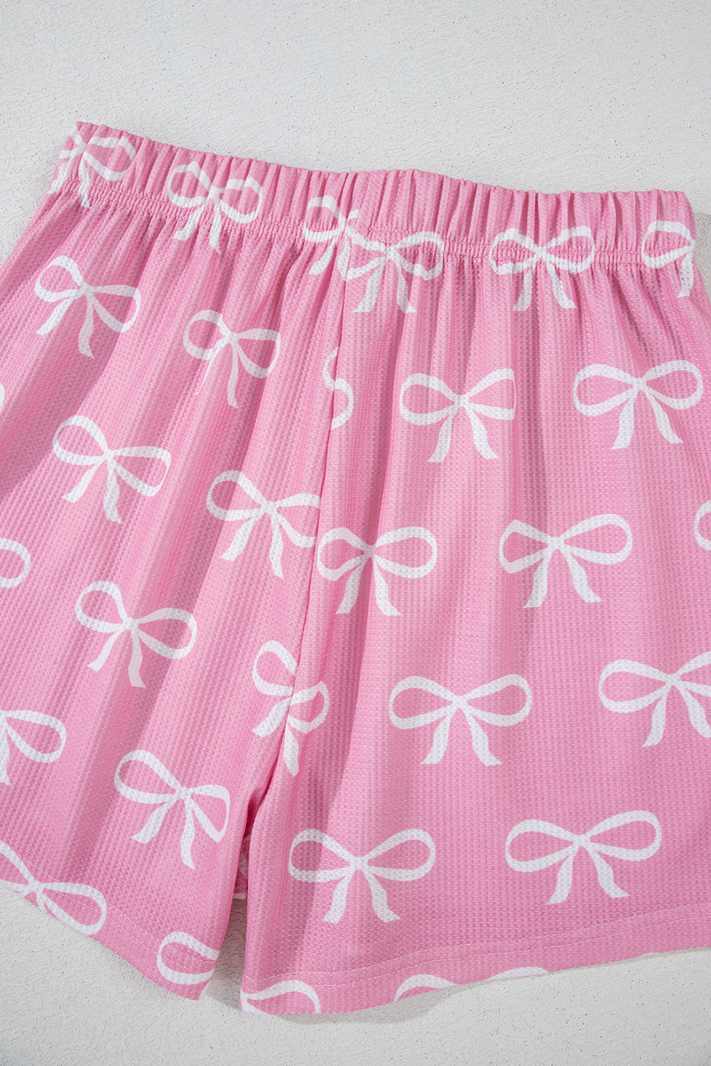 Pink Waffle Knit Bowknot Printed V Neck T Shirt and Shorts Set