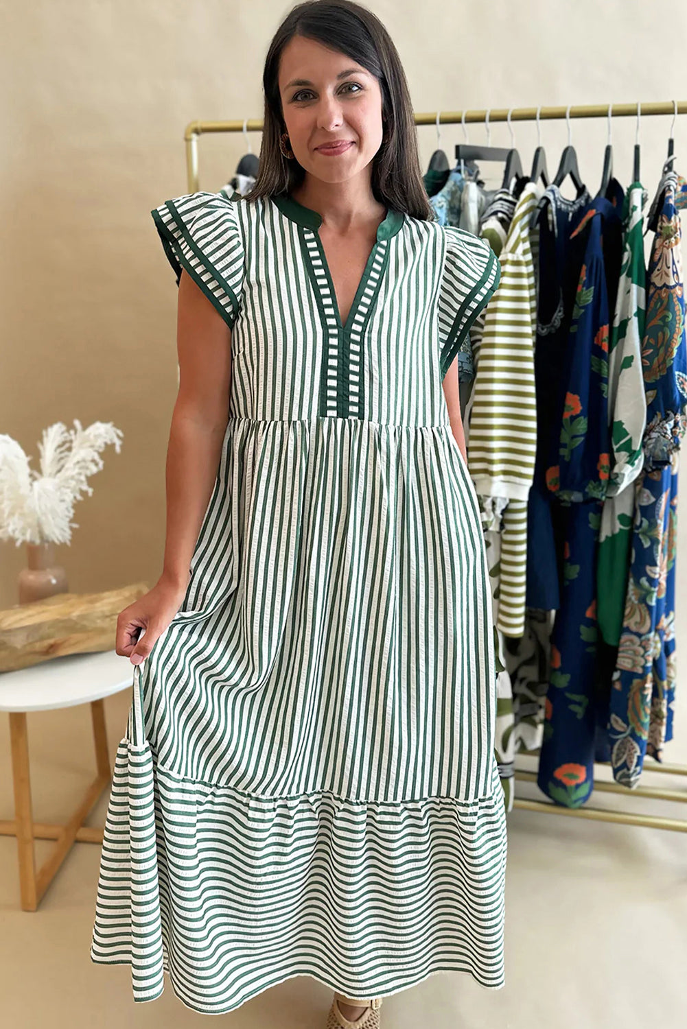 Green Stripe Double Ruffled Short Sleeve Contrast Trim V Neck Midi Dress