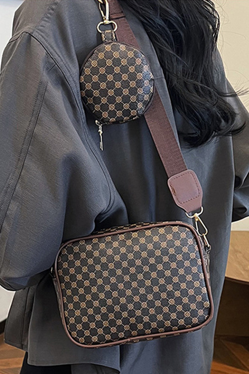 Coffee PU Leather Geometric Pattern Adjustable Strap Shoulder Bag with Wallet